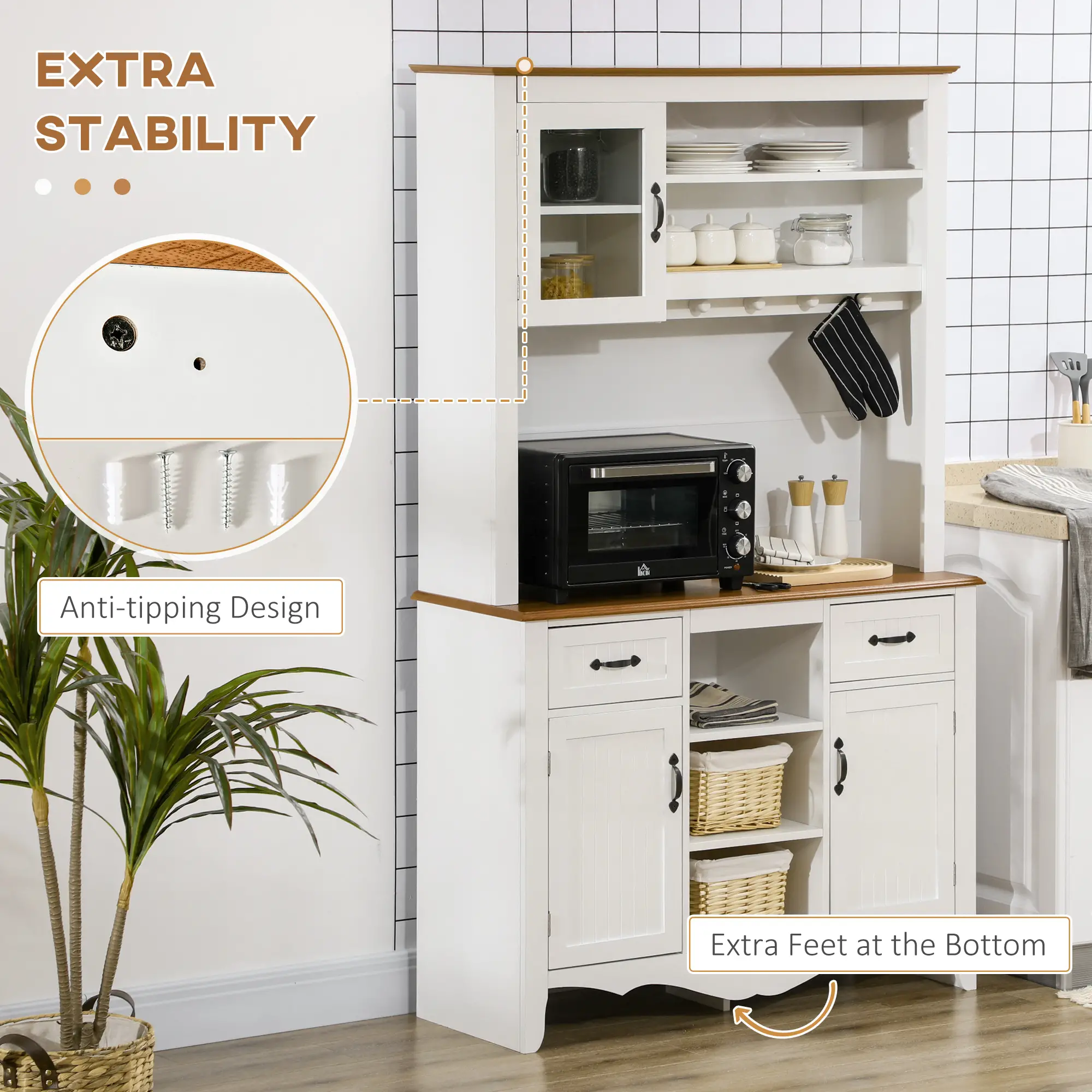 71" Kitchen Buffet with Hutch, Farmhouse Style, White - Image 7