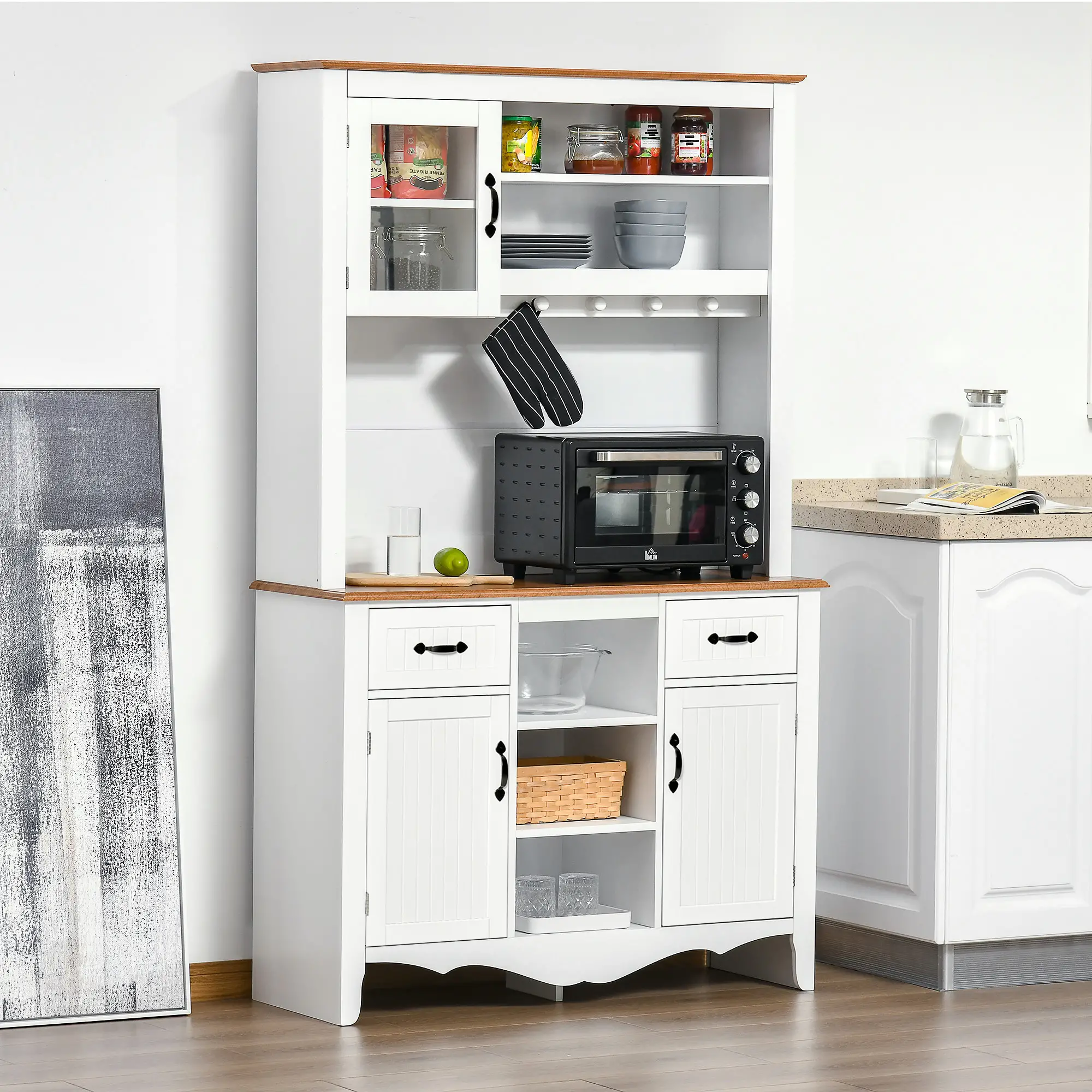 71" Kitchen Buffet with Hutch, Farmhouse Style, White - Image 8