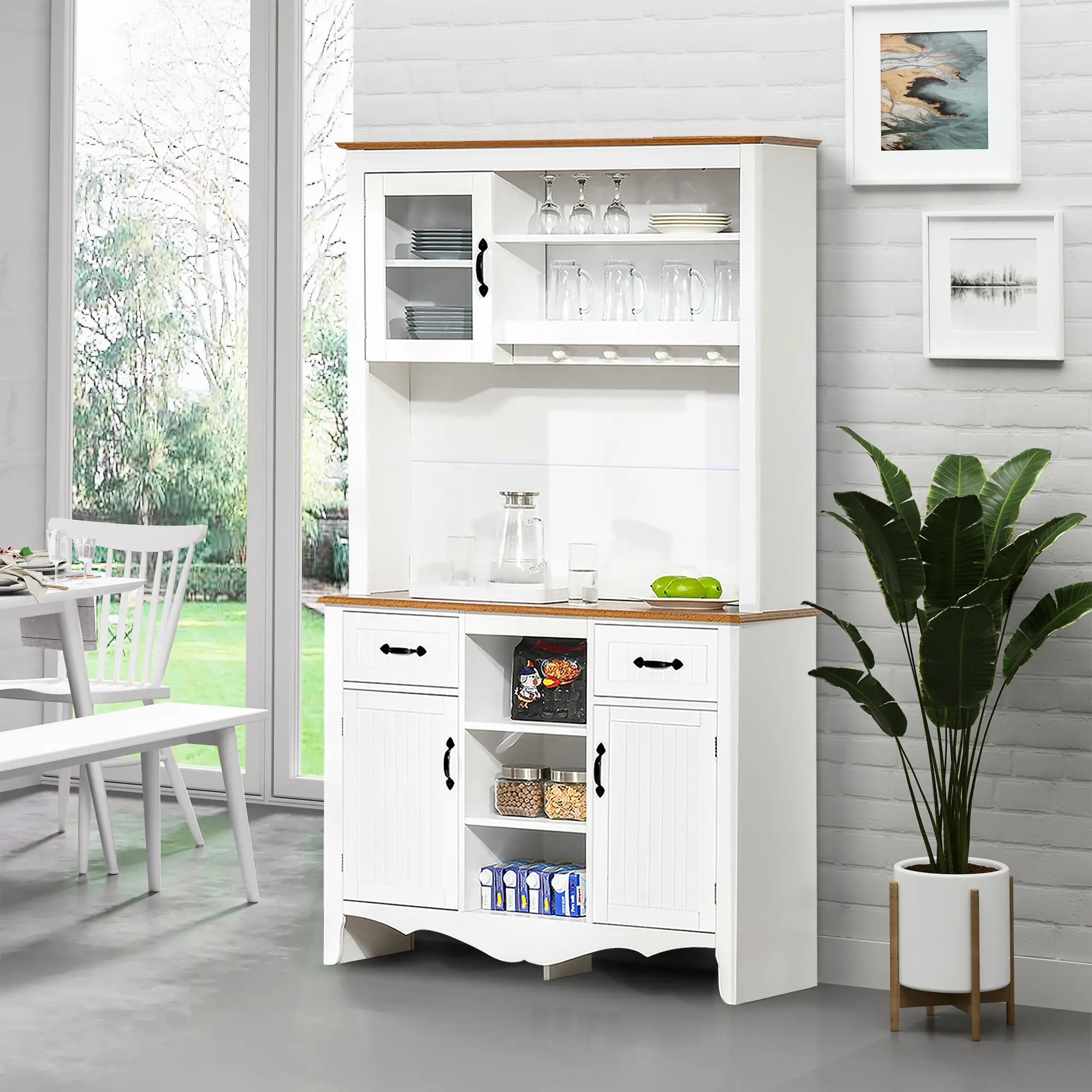 71" Kitchen Buffet with Hutch, Farmhouse Style, White - Image 9
