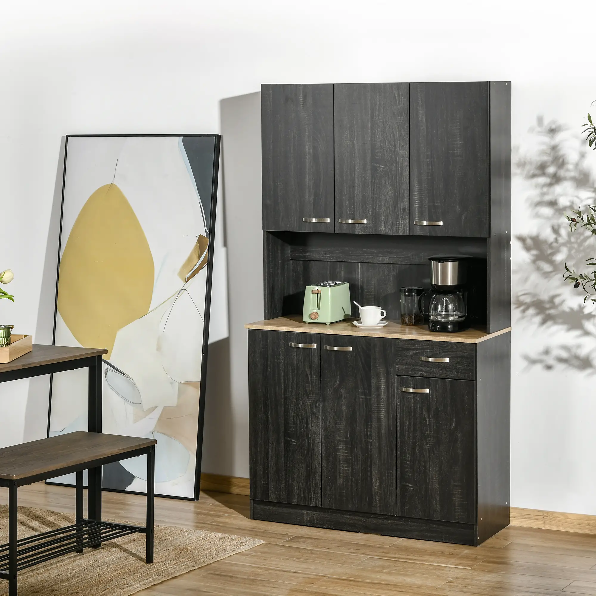71" Kitchen Buffet with Hutch, Freestanding Cabinet, Black - Image 12