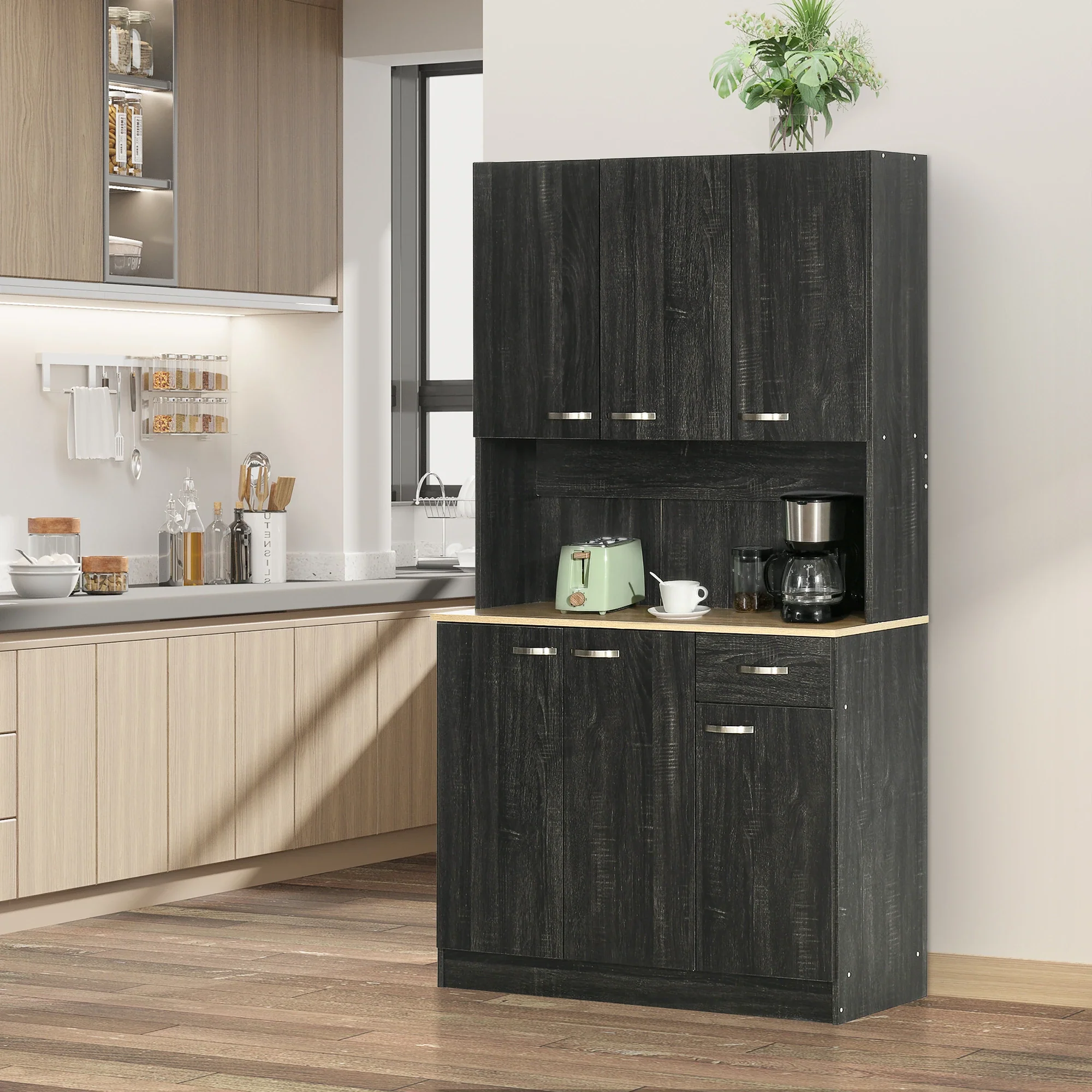 71" Kitchen Buffet with Hutch, Freestanding Cabinet, Black - Image 2