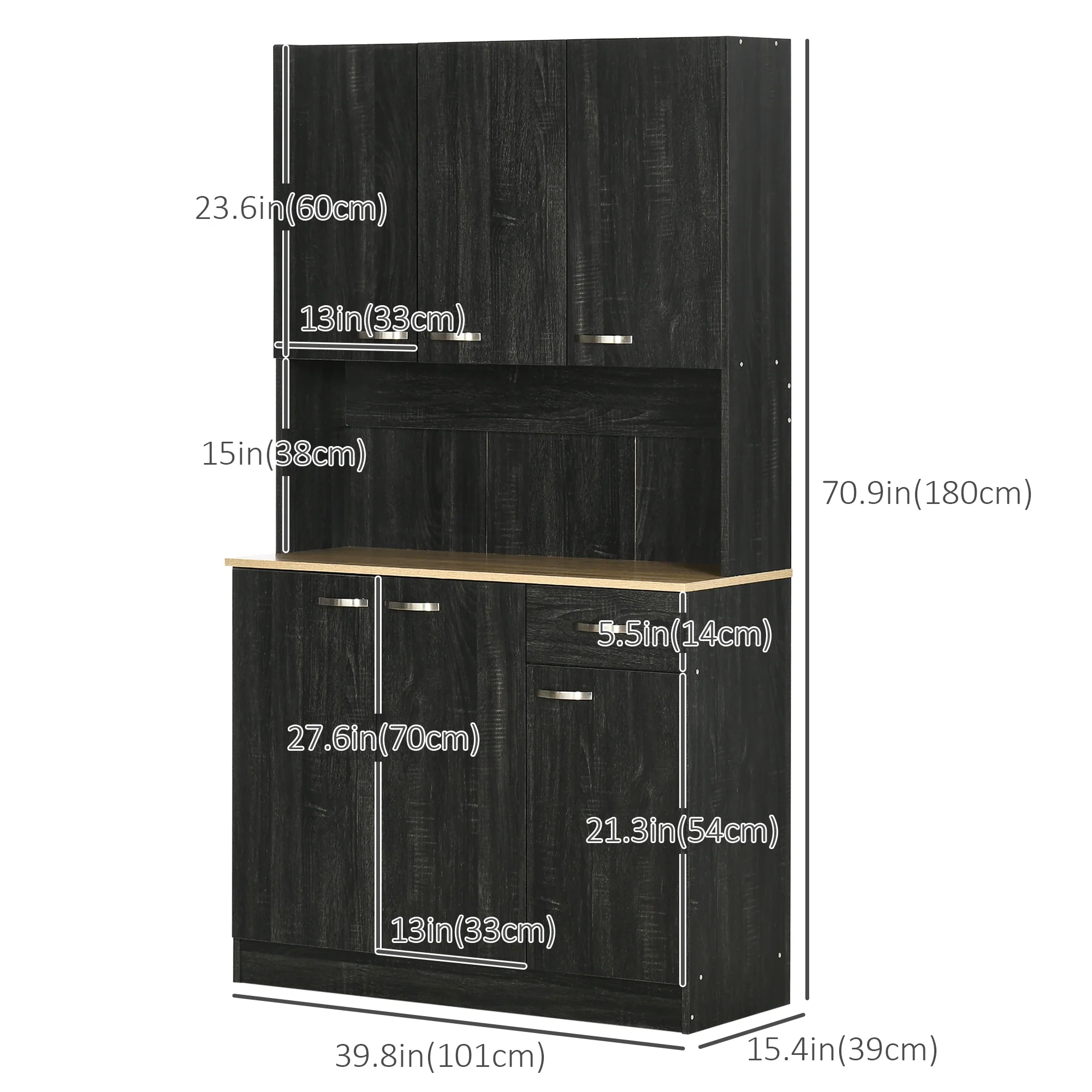 71" Kitchen Buffet with Hutch, Freestanding Cabinet, Black - Image 3
