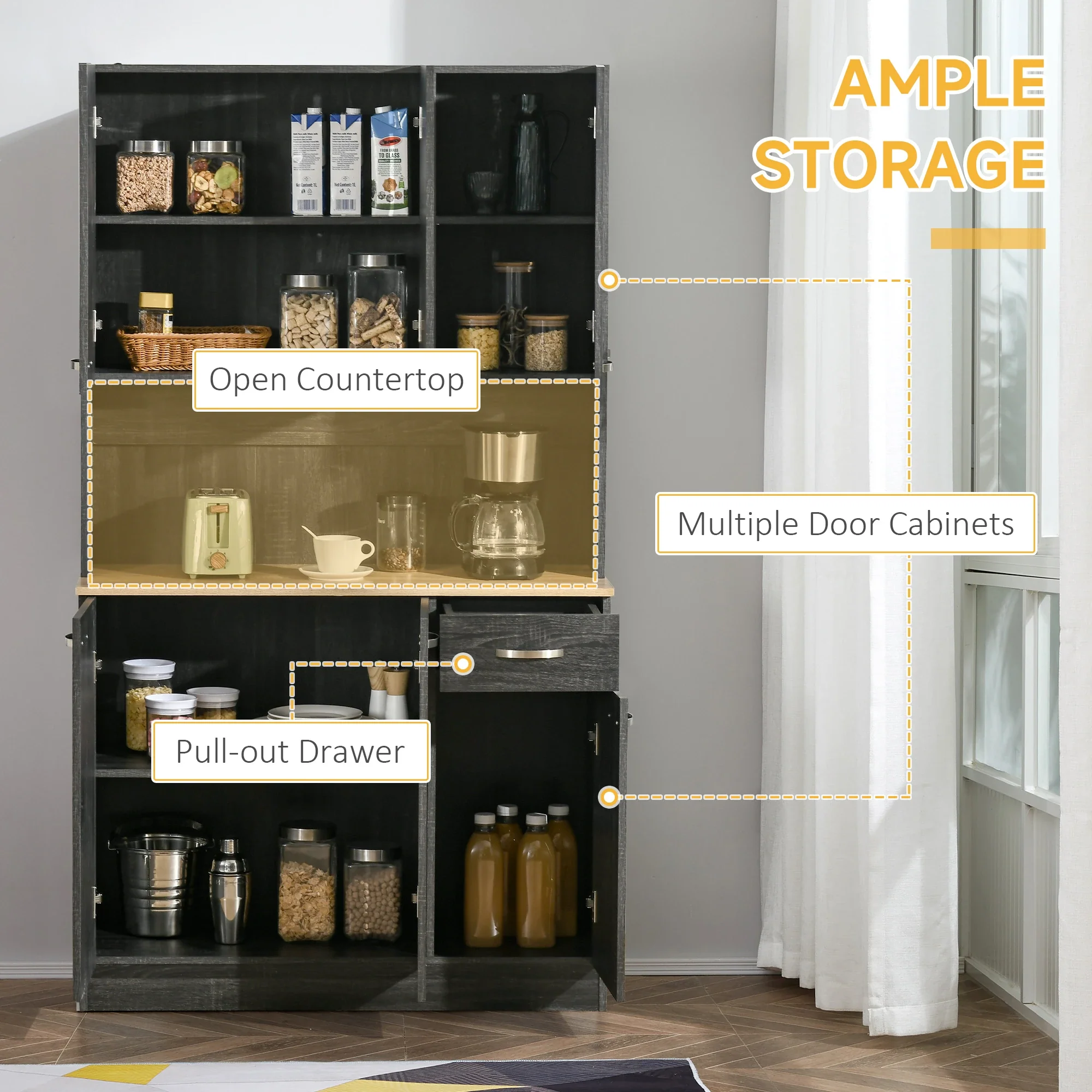 71" Kitchen Buffet with Hutch, Freestanding Cabinet, Black - Image 4