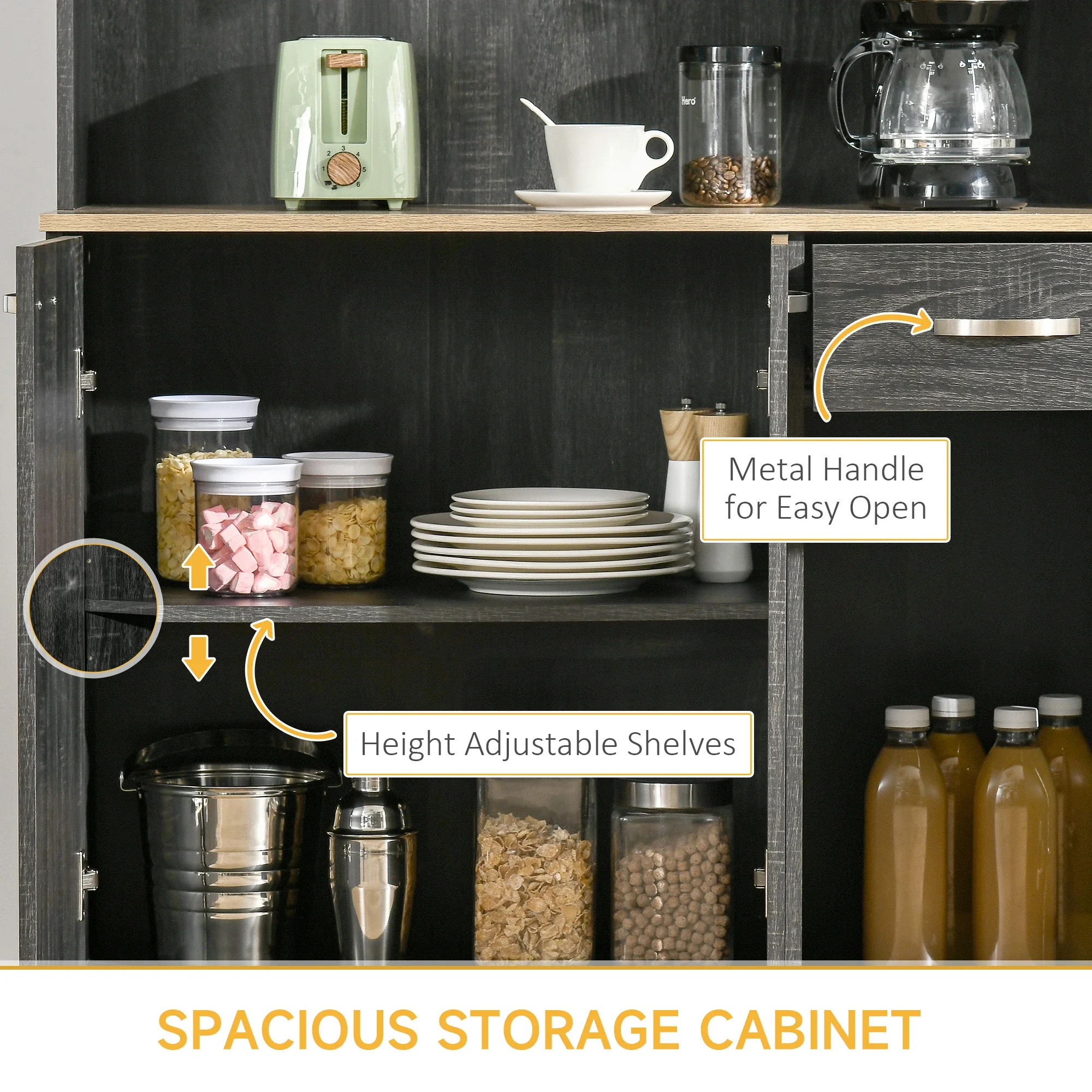 71" Kitchen Buffet with Hutch, Freestanding Cabinet, Black - Image 6