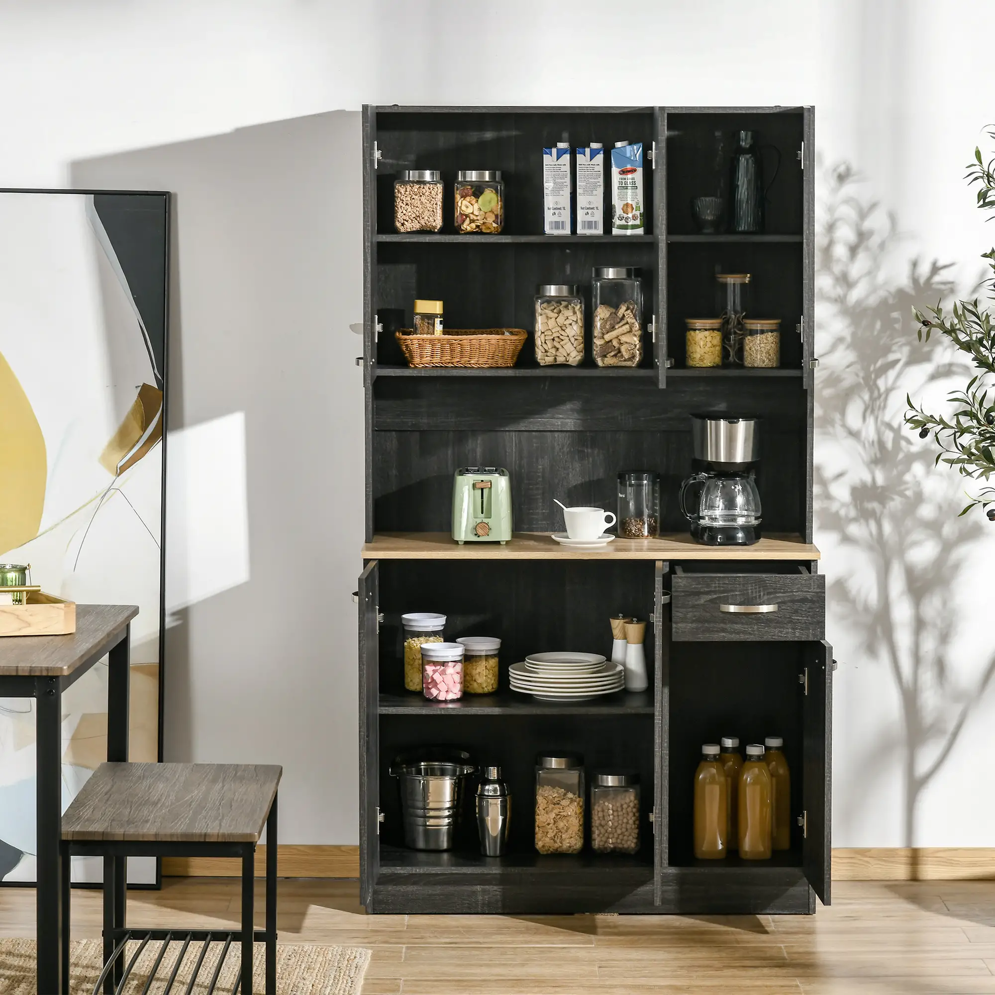 71" Kitchen Buffet with Hutch, Freestanding Cabinet, Black - Image 8