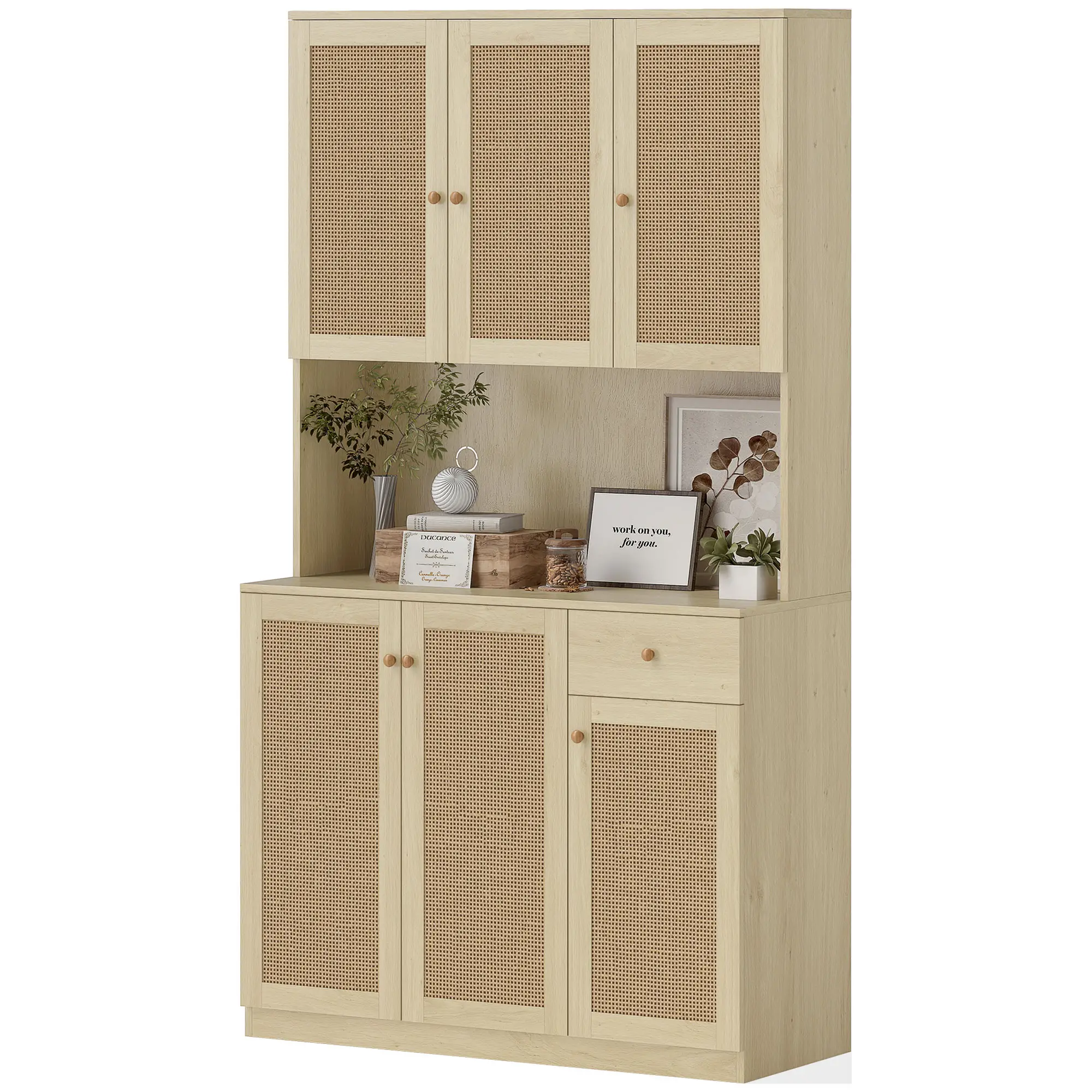 71" Kitchen Hutch with Microwave Countertop, Boho Pantry Cabinet, Rattan Doors, Natural