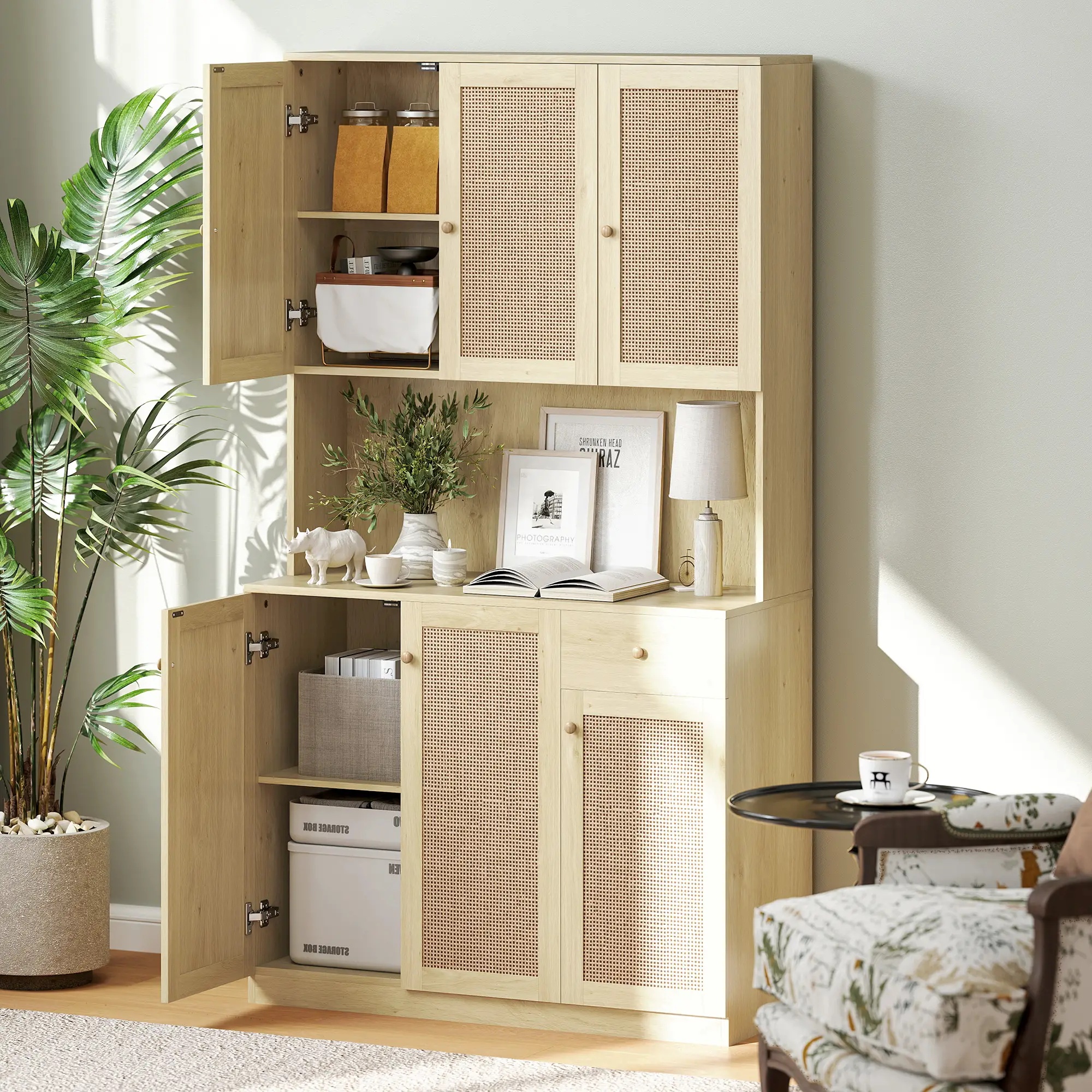 71" Kitchen Hutch with Microwave Countertop, Boho Pantry Cabinet, Rattan Doors, Natural - Image 2