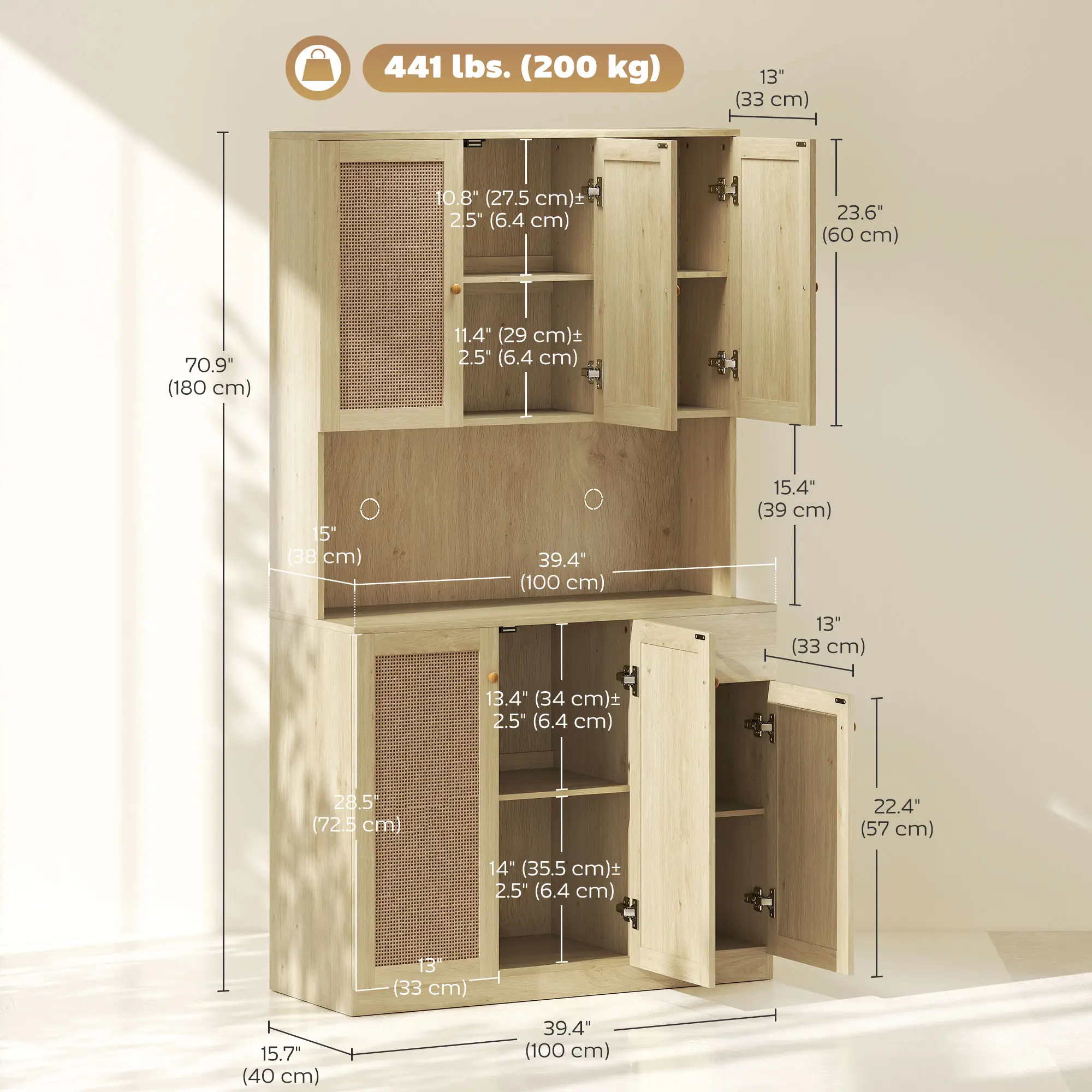71" Kitchen Hutch with Microwave Countertop, Boho Pantry Cabinet, Rattan Doors, Natural - Image 3