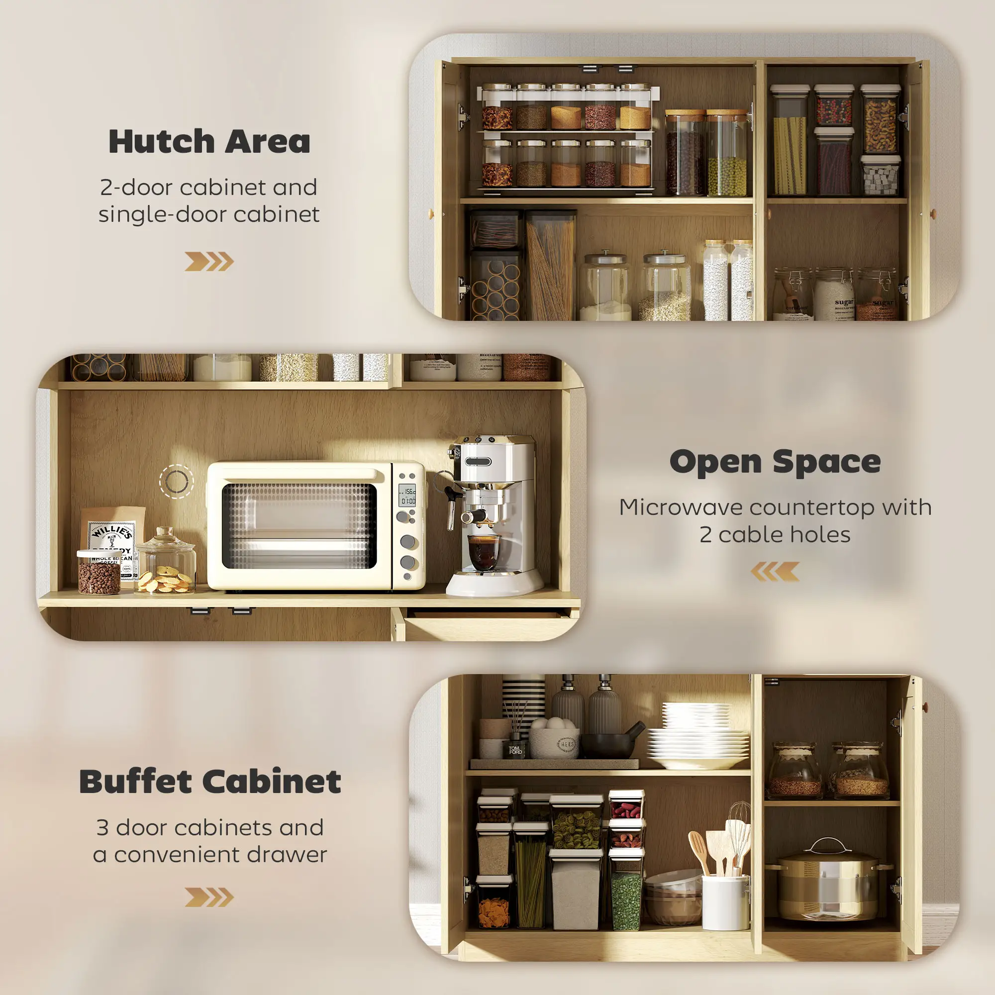 71" Kitchen Hutch with Microwave Countertop, Boho Pantry Cabinet, Rattan Doors, Natural - Image 4