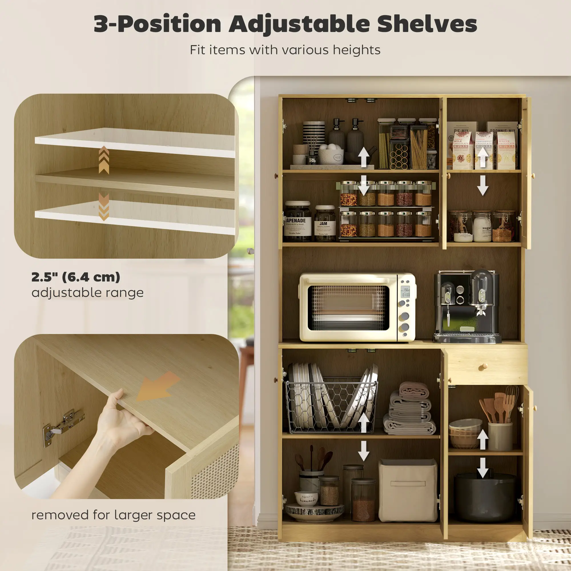 71" Kitchen Hutch with Microwave Countertop, Boho Pantry Cabinet, Rattan Doors, Natural - Image 5