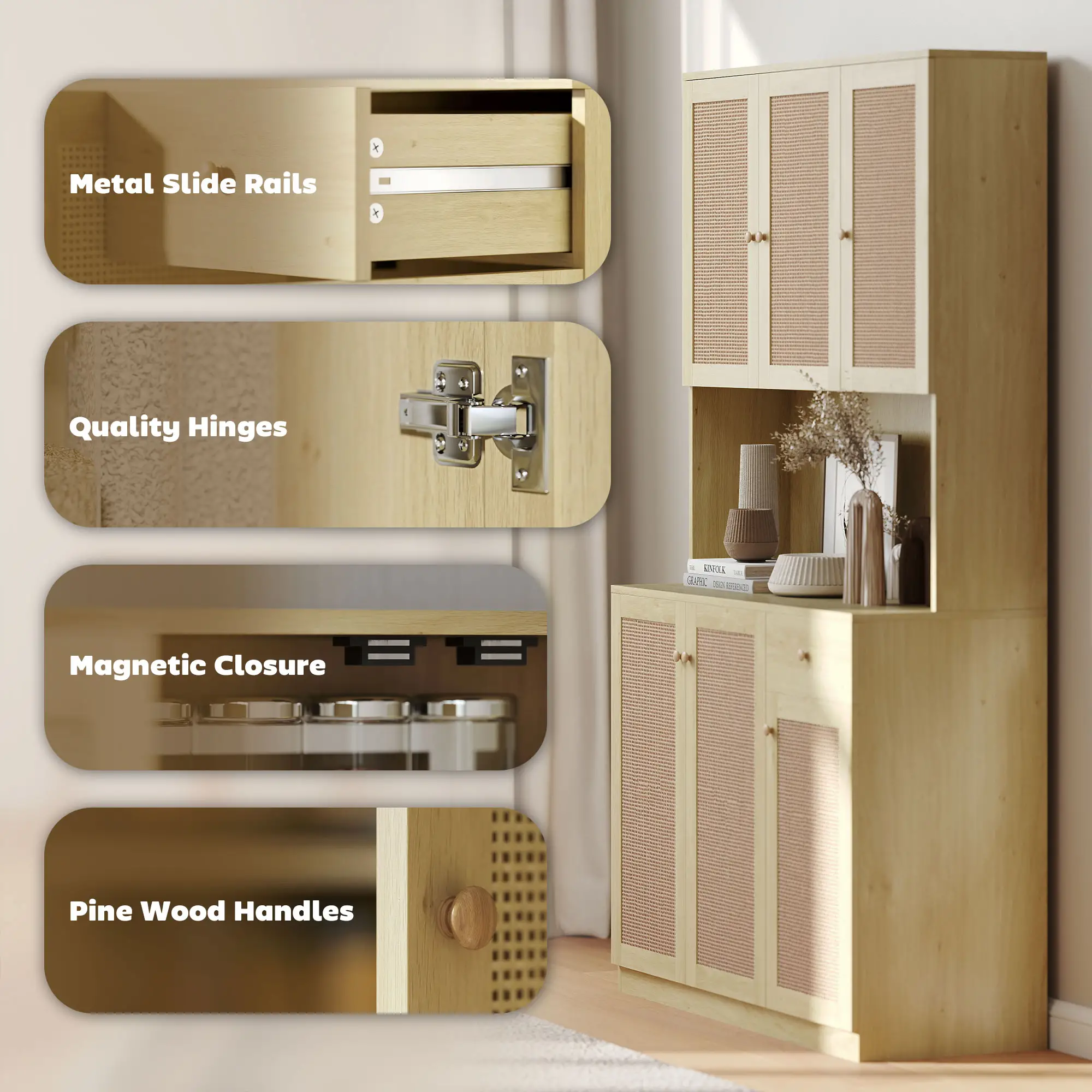 71" Kitchen Hutch with Microwave Countertop, Boho Pantry Cabinet, Rattan Doors, Natural - Image 7