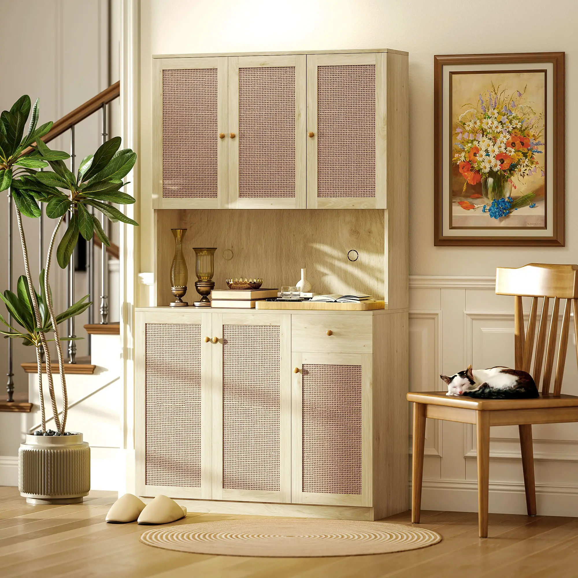 71" Kitchen Hutch with Microwave Countertop, Boho Pantry Cabinet, Rattan Doors, Natural - Image 9