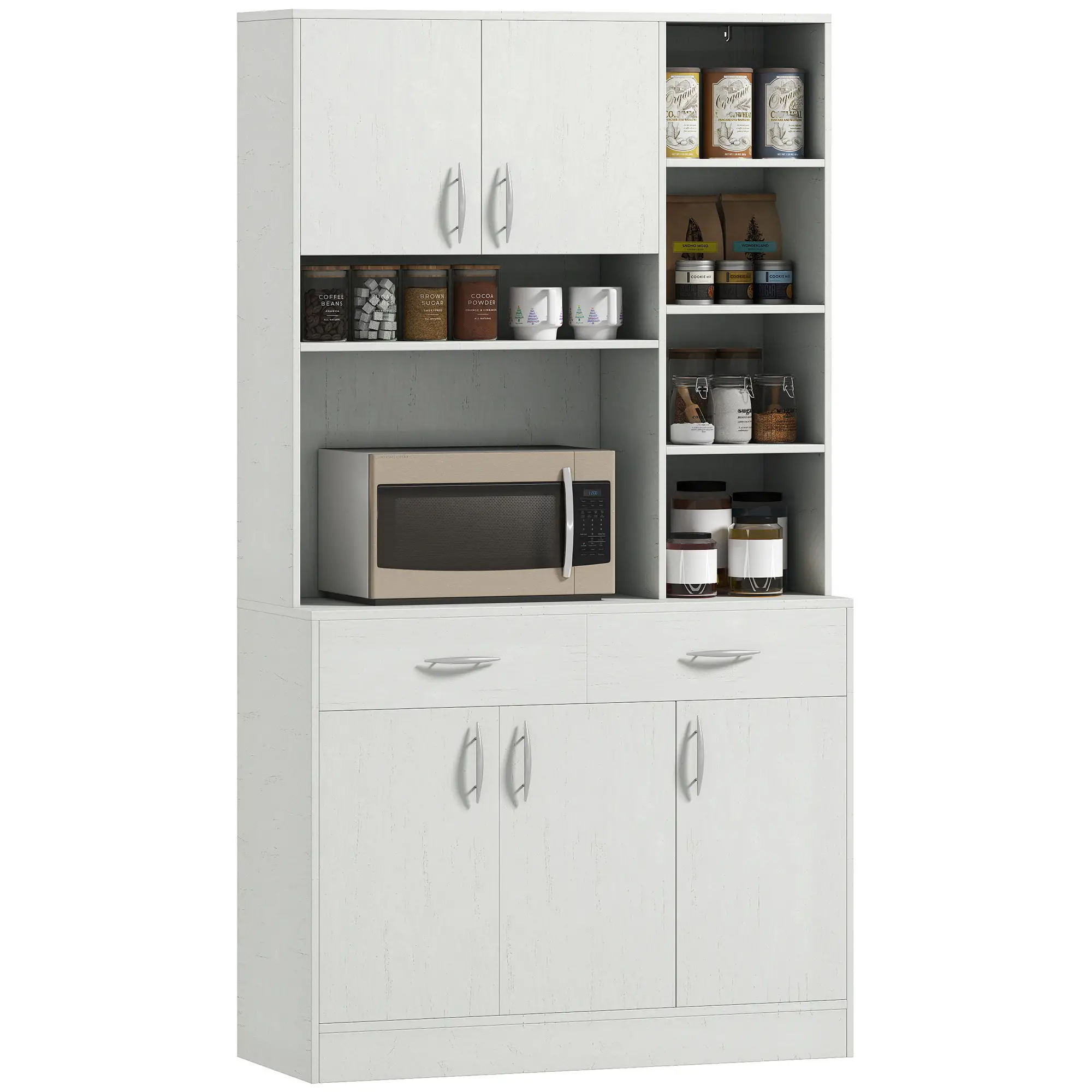 71" Kitchen Hutch with Storage Cabinet, Modern Buffet, Ash White
