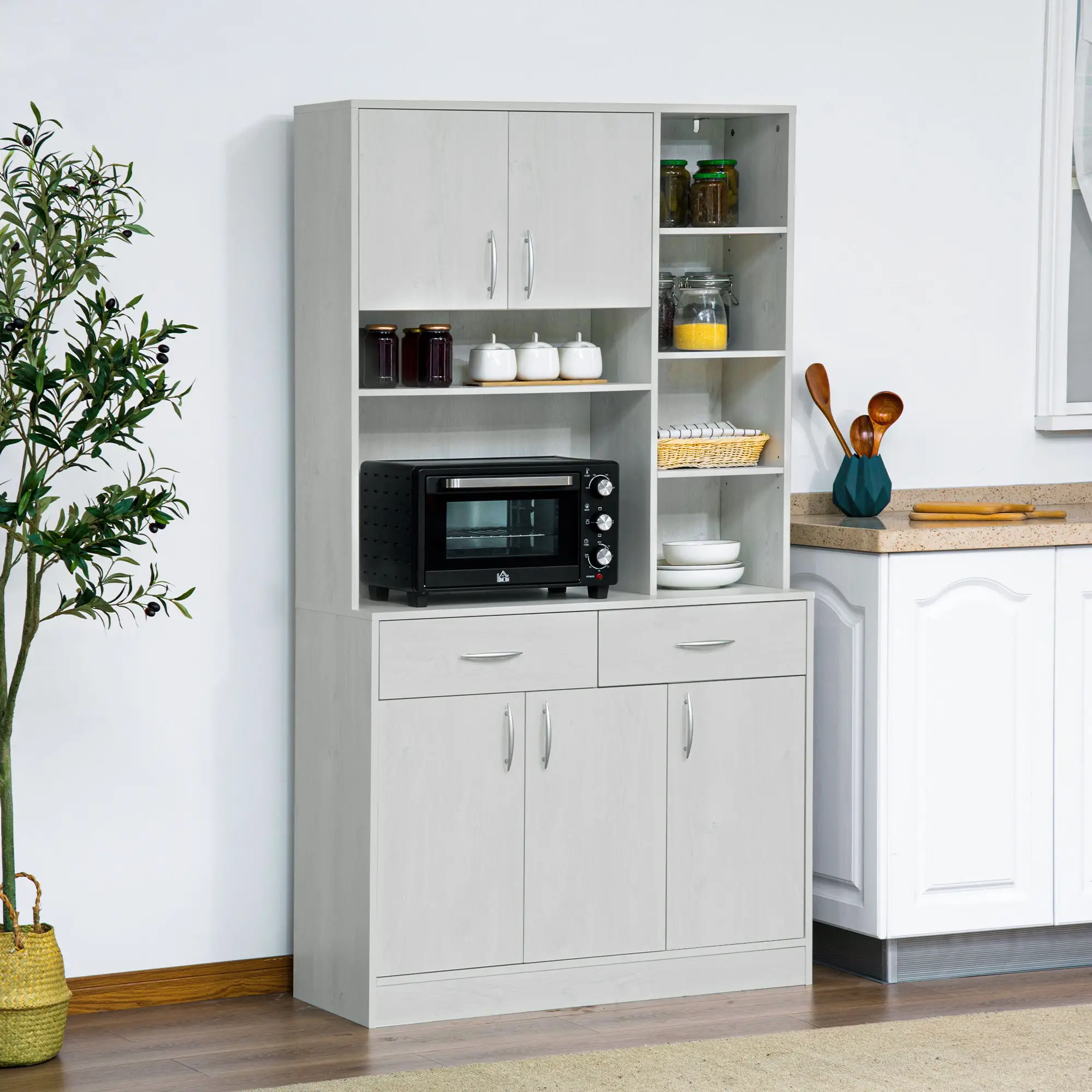 71" Kitchen Hutch with Storage Cabinet, Modern Buffet, Ash White - Image 2