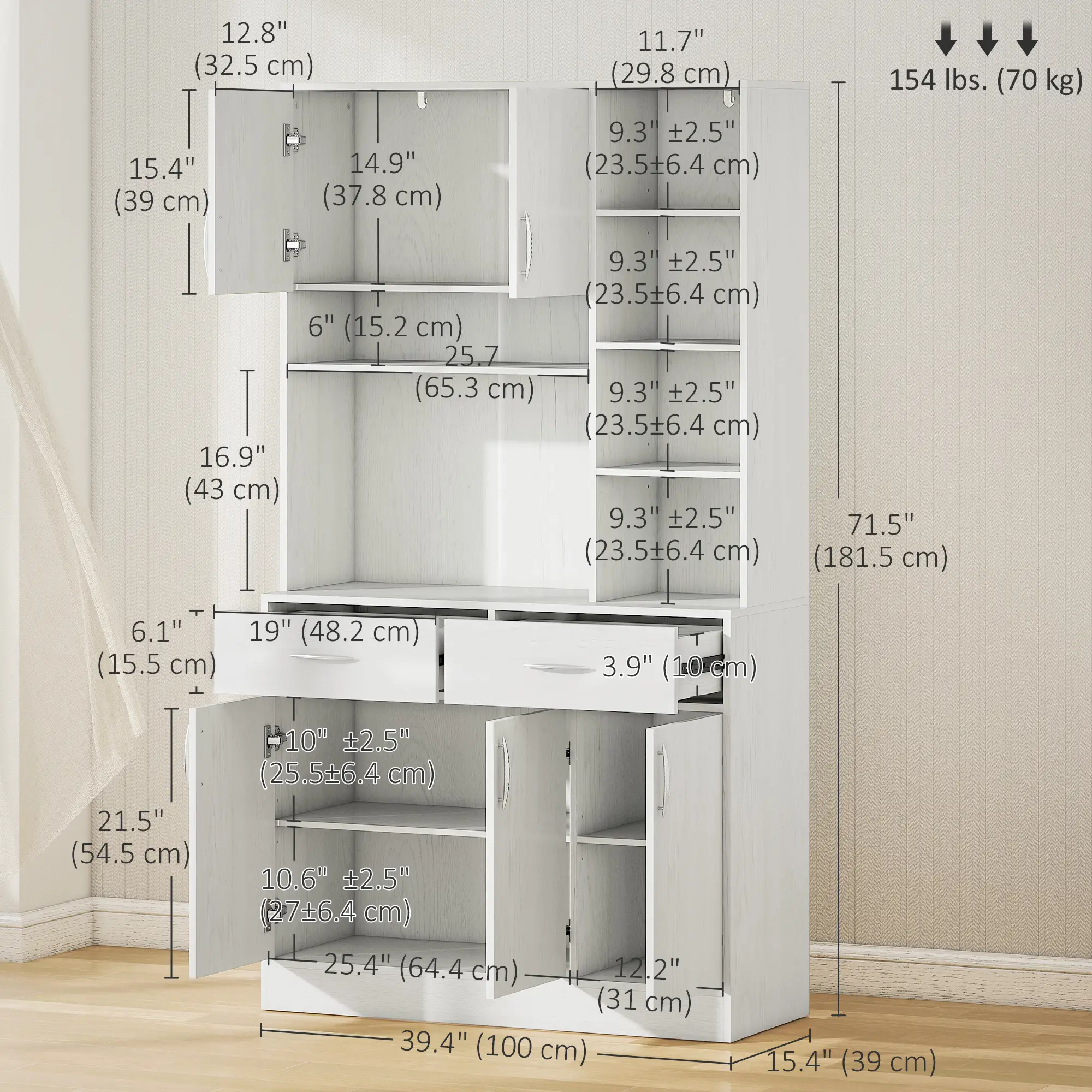 71" Kitchen Hutch with Storage Cabinet, Modern Buffet, Ash White - Image 3