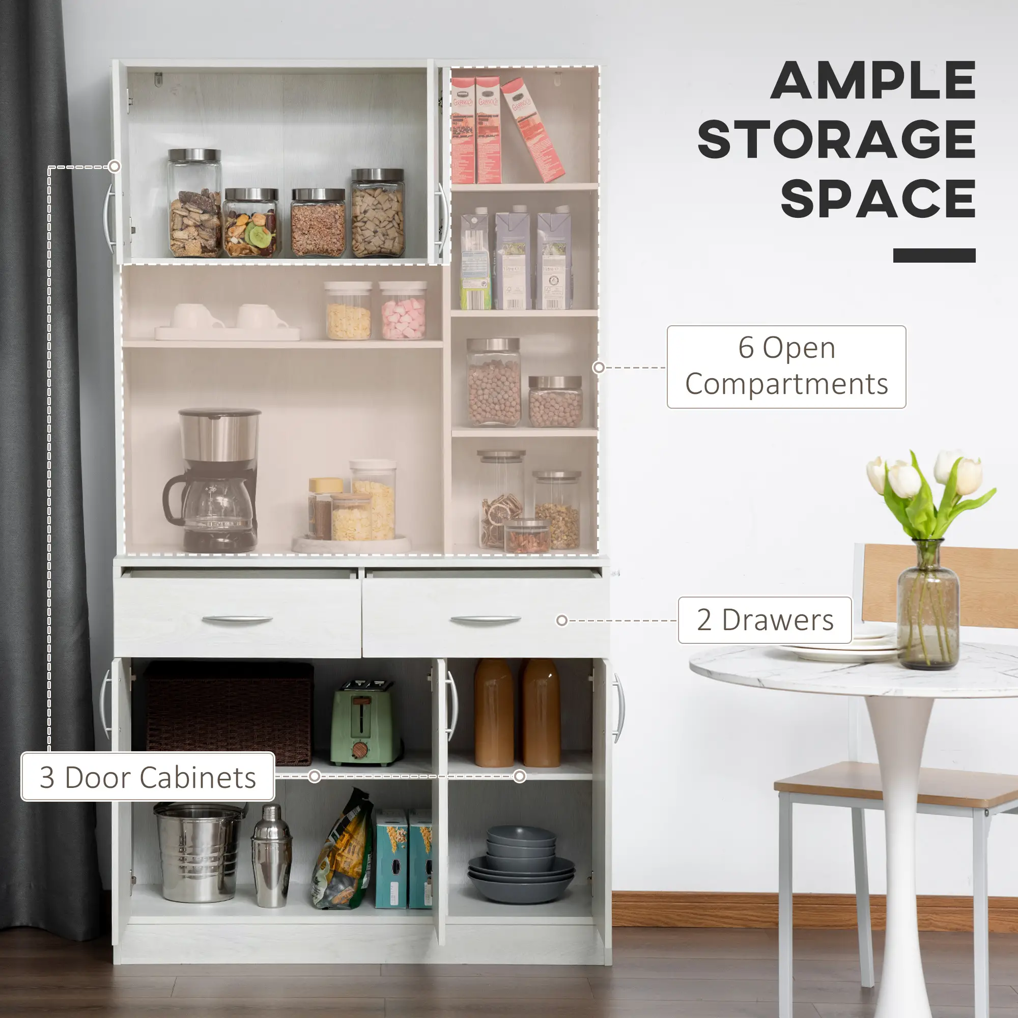 71" Kitchen Hutch with Storage Cabinet, Modern Buffet, Ash White - Image 4