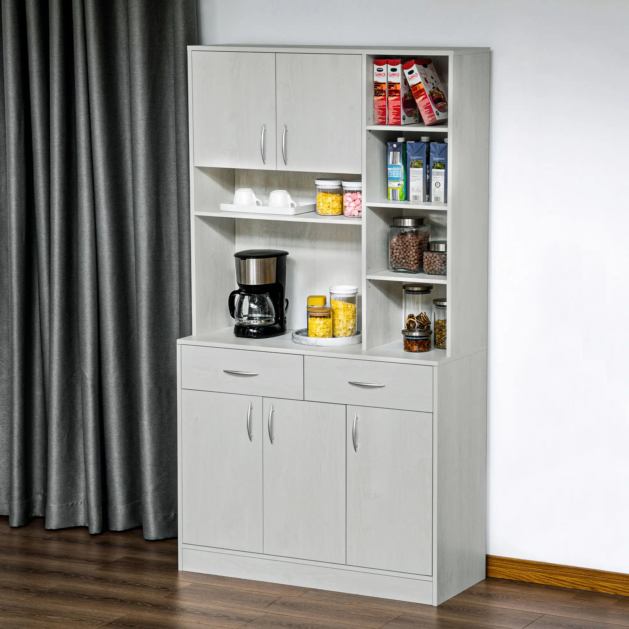 71" Kitchen Hutch with Storage Cabinet, Modern Buffet, Ash White - Image 8