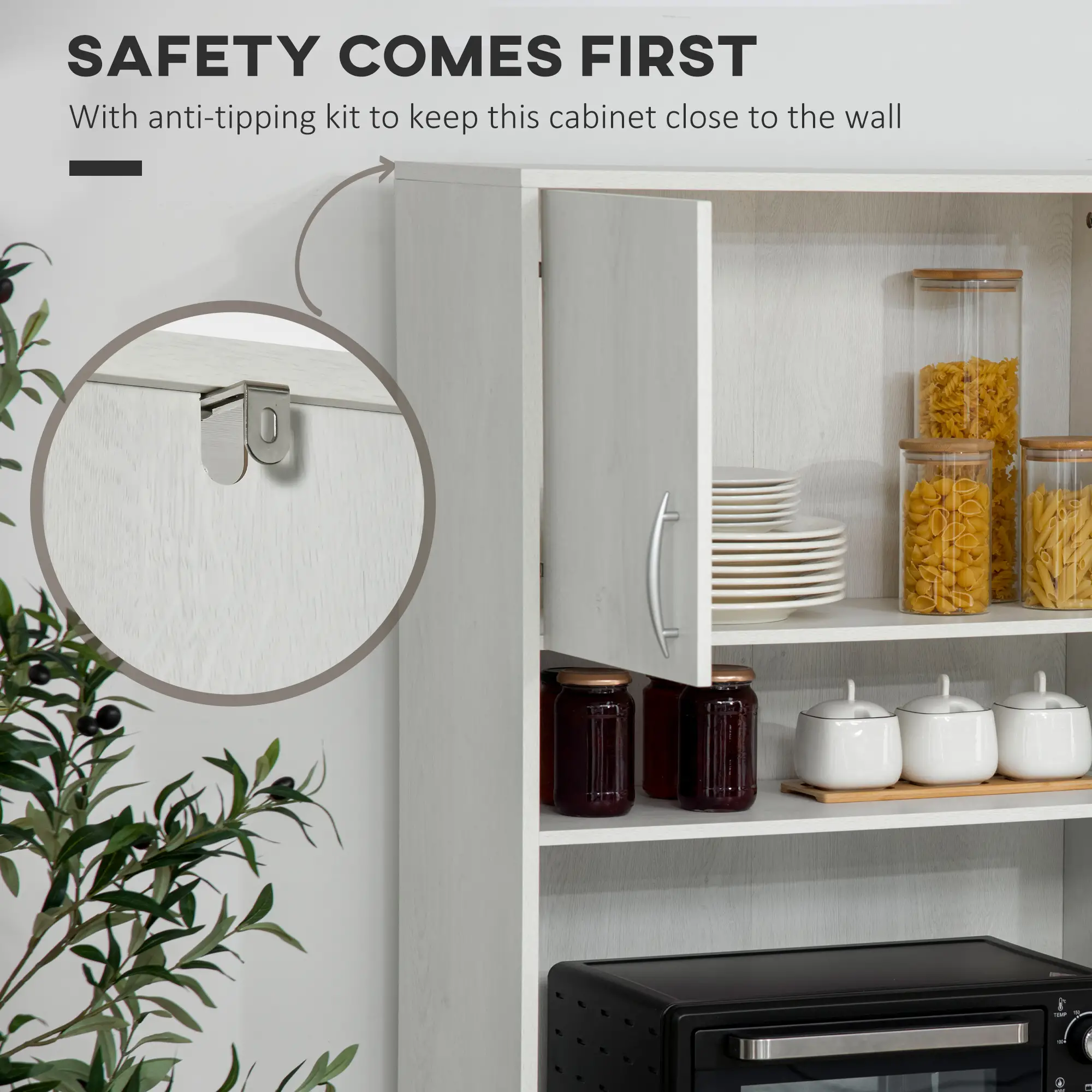 71" Kitchen Hutch with Storage Cabinet, Modern Buffet, Ash White - Image 9