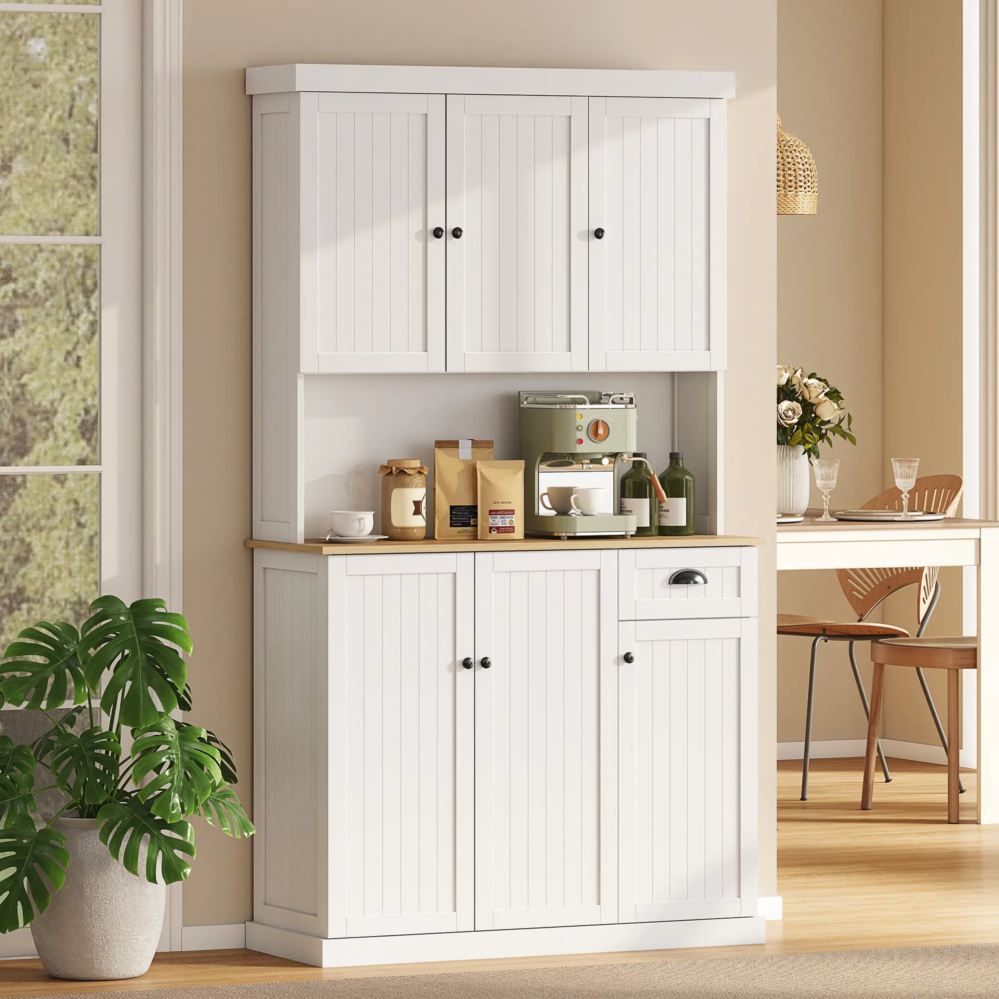 71 Kitchen Pantry Buffet, Hutch Storage Cabinet, Microwave Stand, Oak, White - Image 10