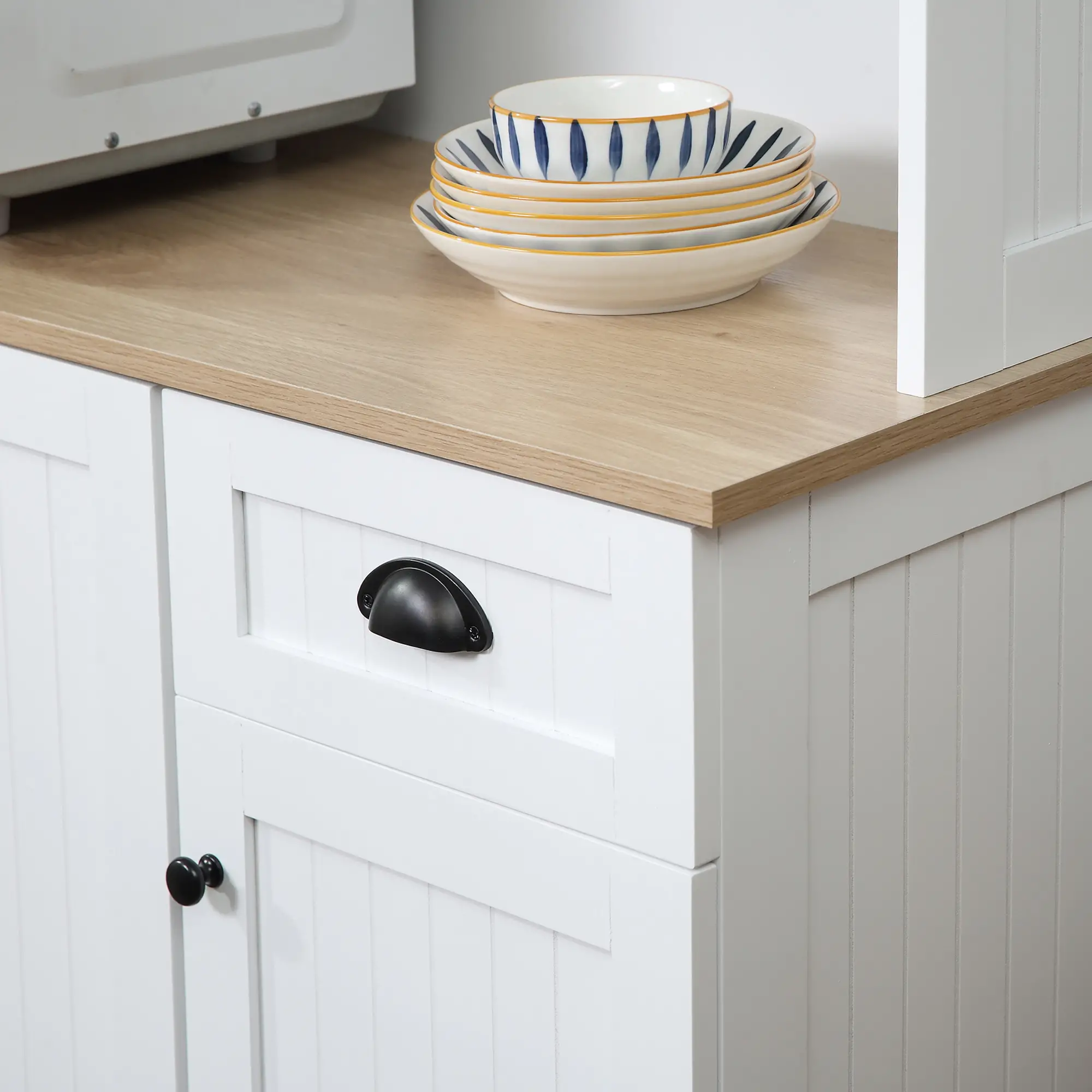 71 Kitchen Pantry Buffet, Hutch Storage Cabinet, Microwave Stand, Oak, White - Image 13