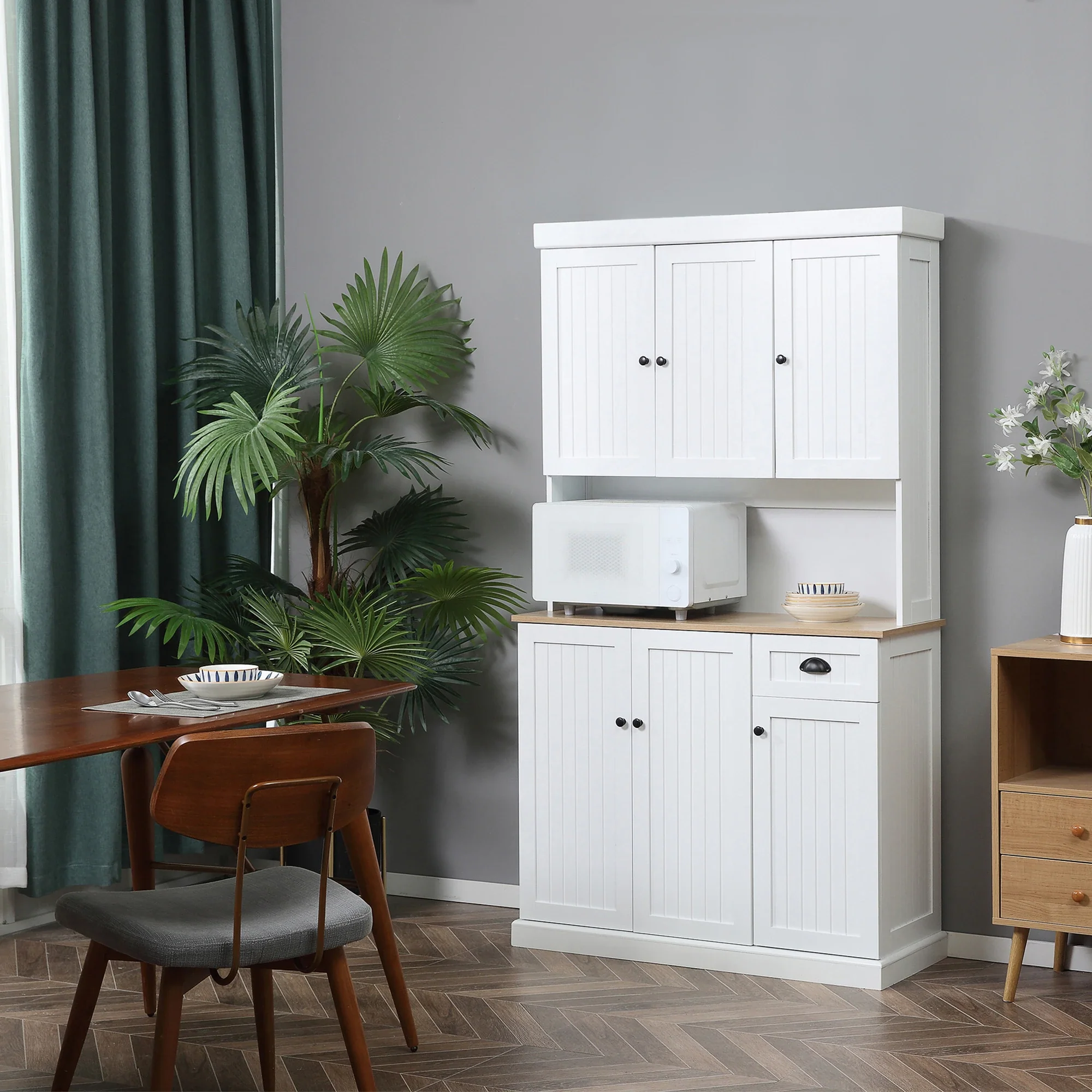 71 Kitchen Pantry Buffet, Hutch Storage Cabinet, Microwave Stand, Oak, White - Image 2