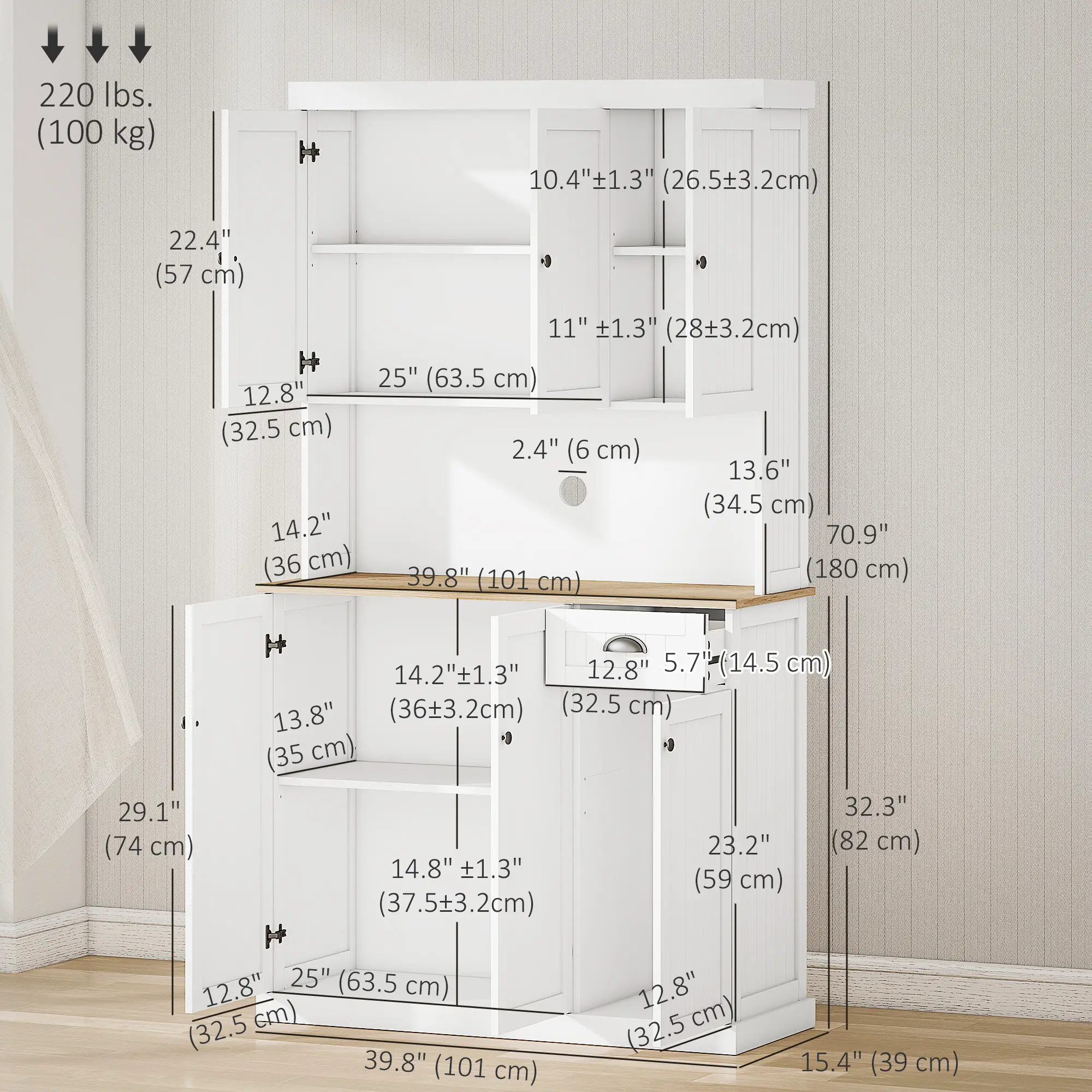 71 Kitchen Pantry Buffet, Hutch Storage Cabinet, Microwave Stand, Oak, White - Image 3