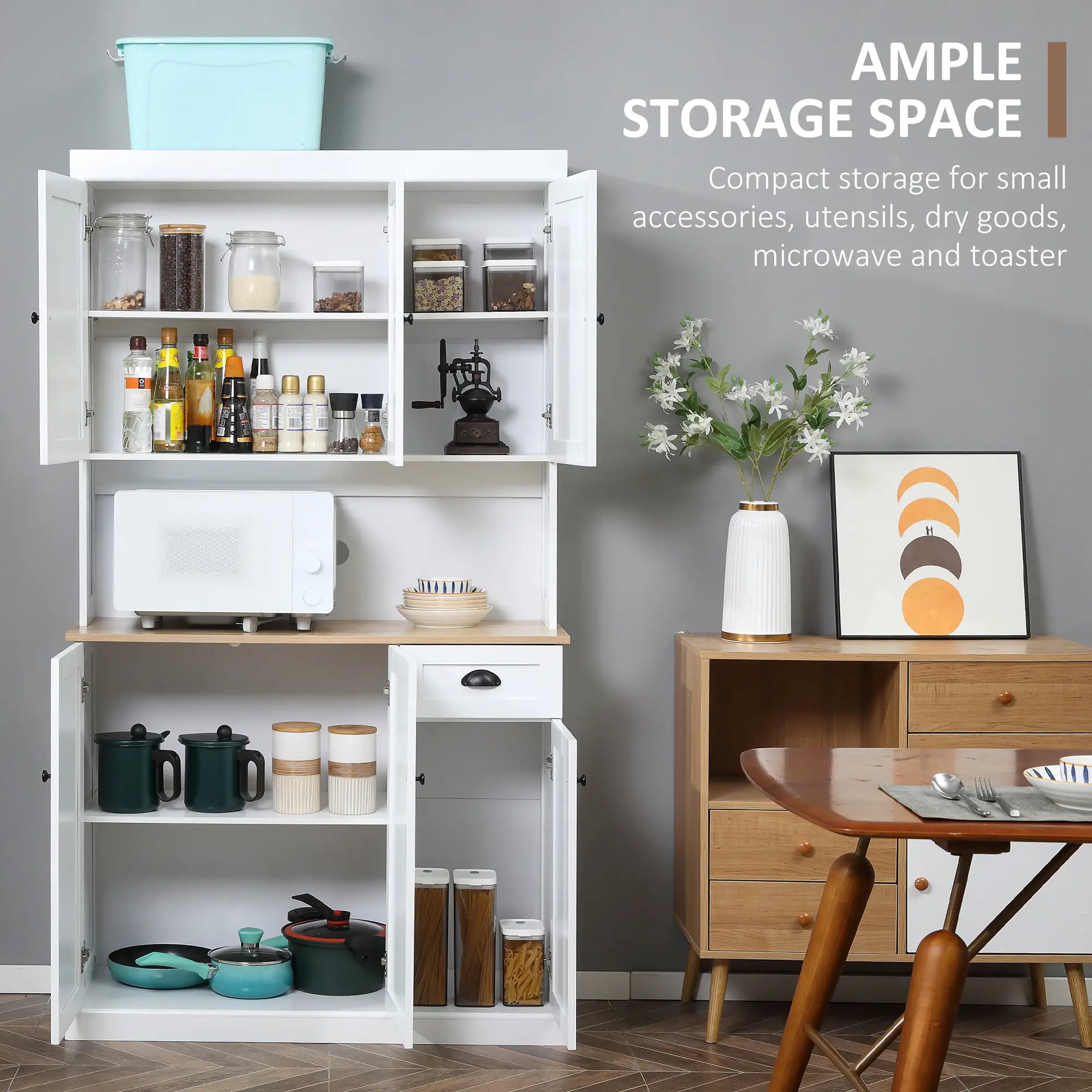 71 Kitchen Pantry Buffet, Hutch Storage Cabinet, Microwave Stand, Oak, White - Image 5