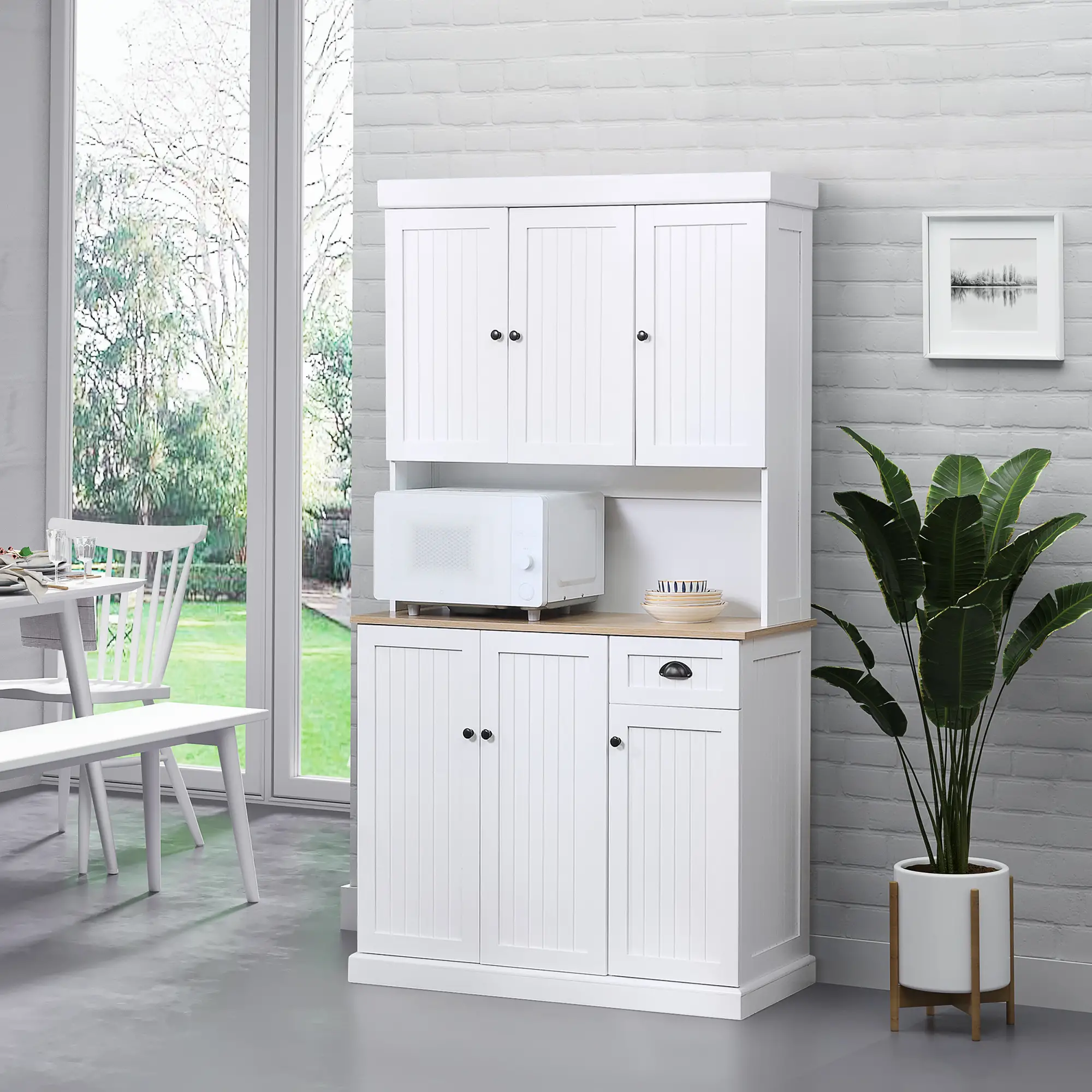 71 Kitchen Pantry Buffet, Hutch Storage Cabinet, Microwave Stand, Oak, White - Image 9