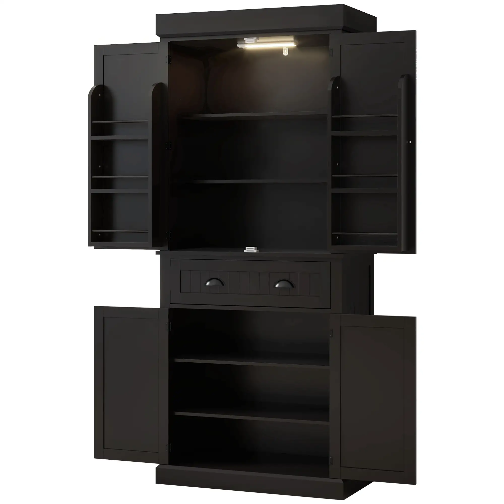71" Kitchen Pantry Cabinet, LED Lights, 6 Spice Racks, Drawer, 4 Adjustable Shelves, Black