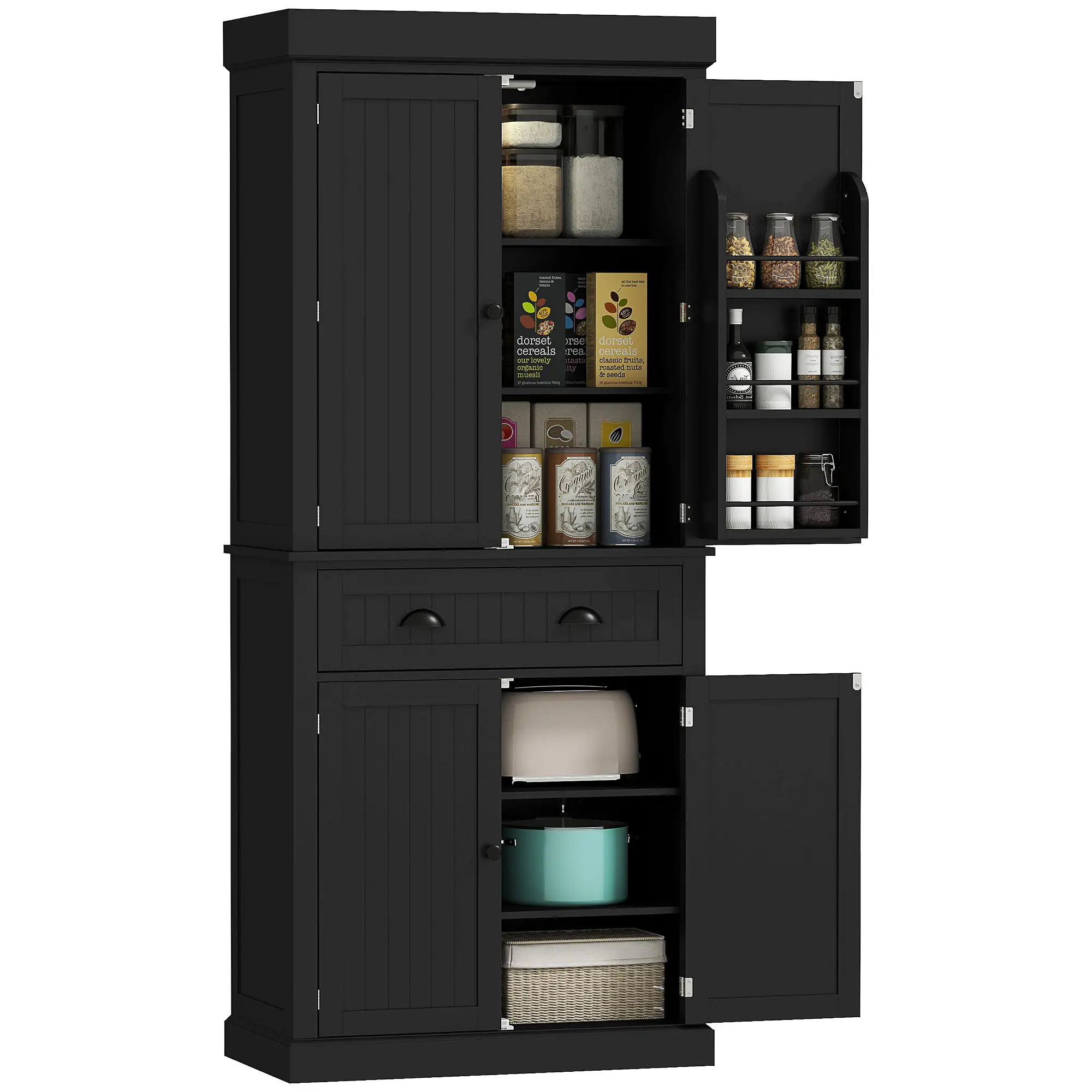 71" Kitchen Pantry Cabinet, LED Lights, 6 Spice Racks, Drawer, 4 Adjustable Shelves, Black - Image 11