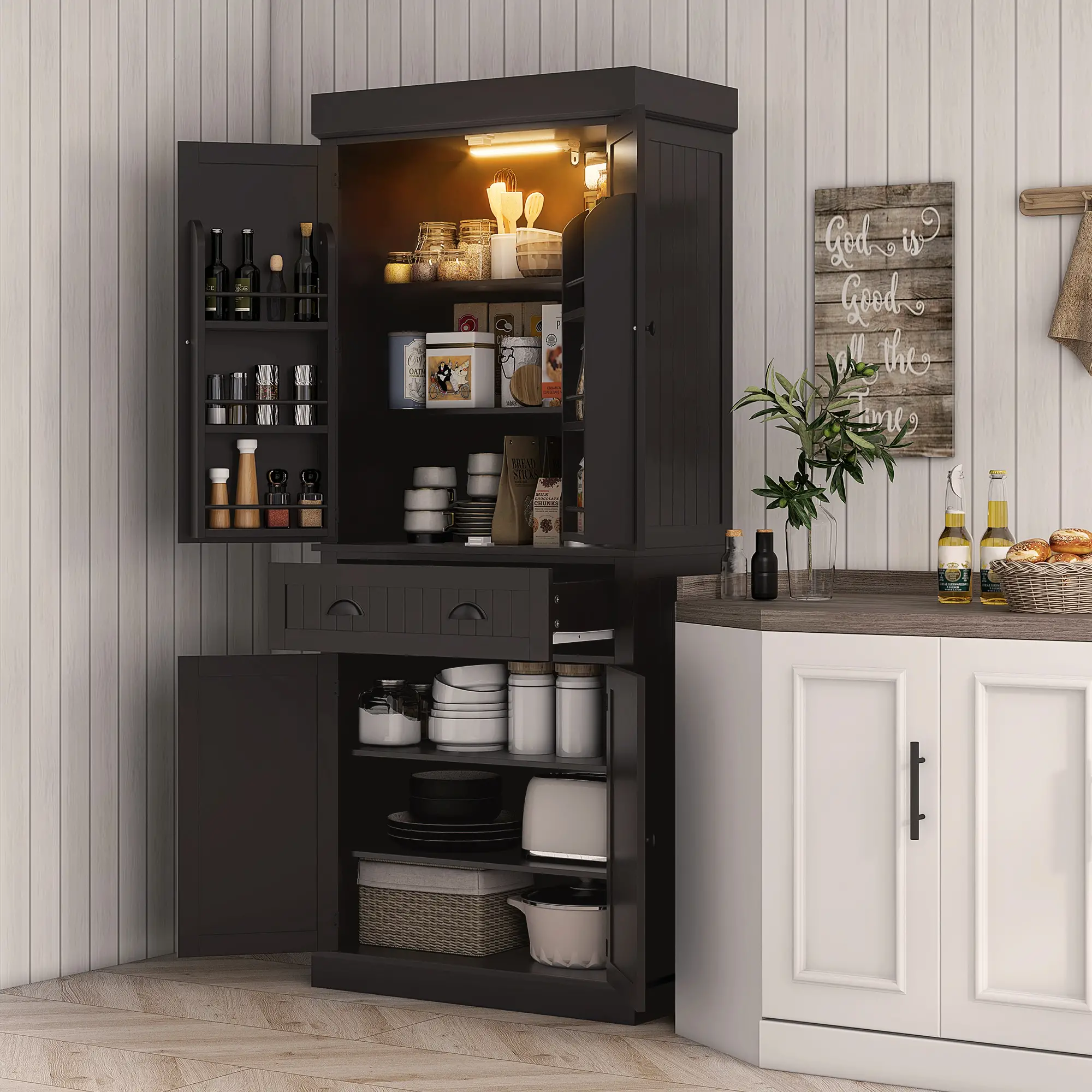 71" Kitchen Pantry Cabinet, LED Lights, 6 Spice Racks, Drawer, 4 Adjustable Shelves, Black - Image 2