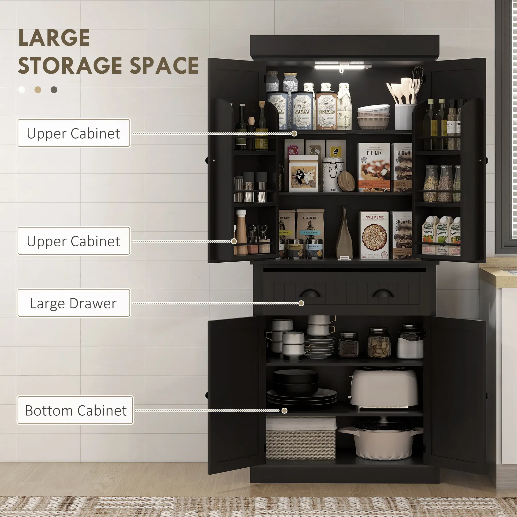 71" Kitchen Pantry Cabinet, LED Lights, 6 Spice Racks, Drawer, 4 Adjustable Shelves, Black - Image 4