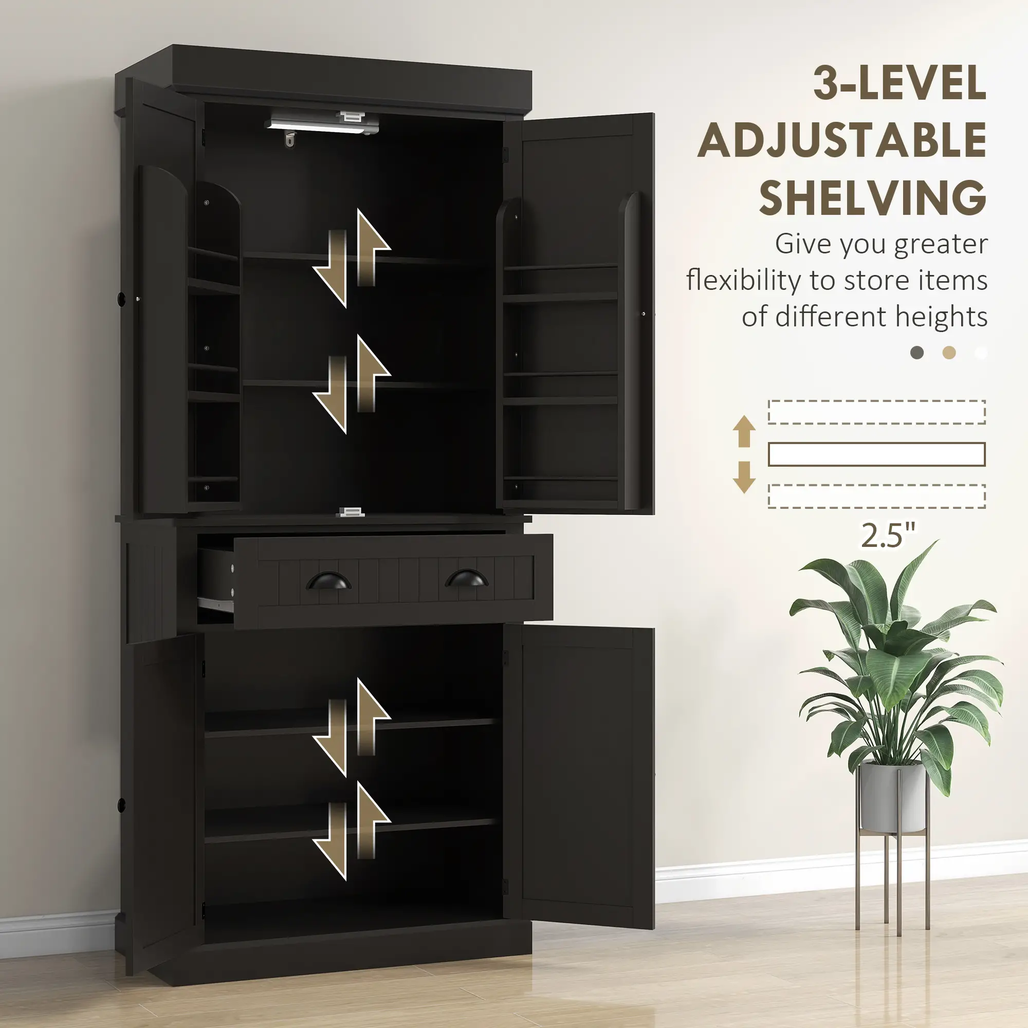 71" Kitchen Pantry Cabinet, LED Lights, 6 Spice Racks, Drawer, 4 Adjustable Shelves, Black - Image 6