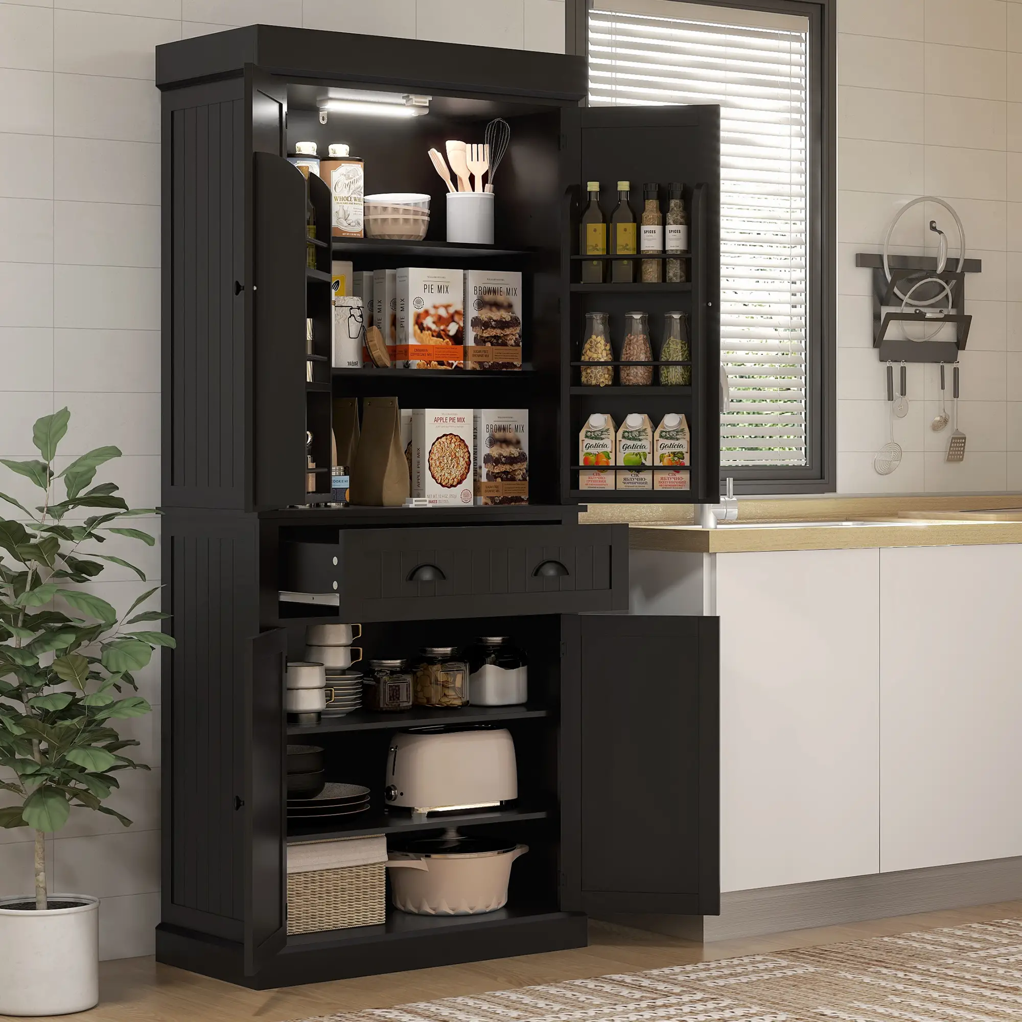 71" Kitchen Pantry Cabinet, LED Lights, 6 Spice Racks, Drawer, 4 Adjustable Shelves, Black - Image 8