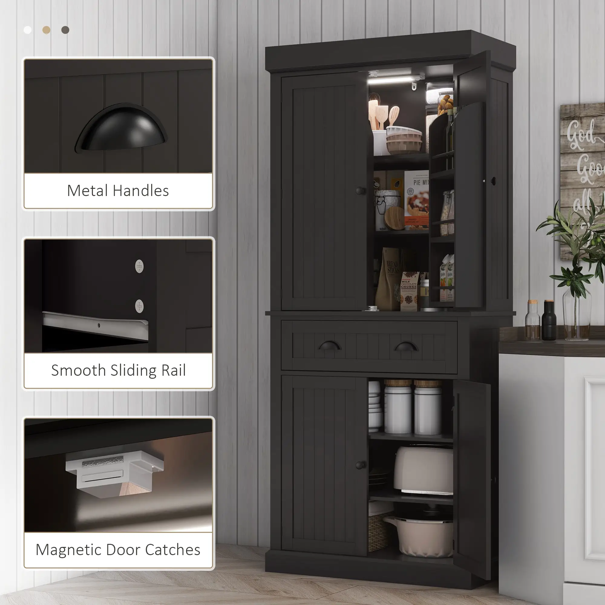 71" Kitchen Pantry Cabinet, LED Lights, 6 Spice Racks, Drawer, 4 Adjustable Shelves, Black - Image 9