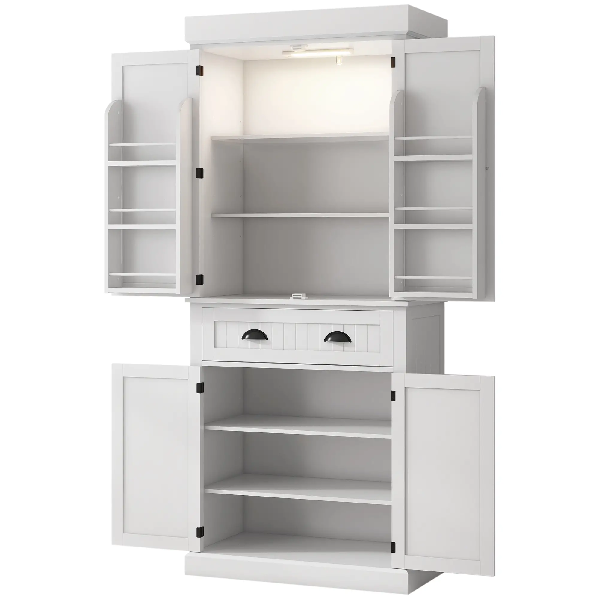 71" Kitchen Pantry Cabinet, LED Lights, 6 Spice Racks, Drawer, 4 Shelves, White