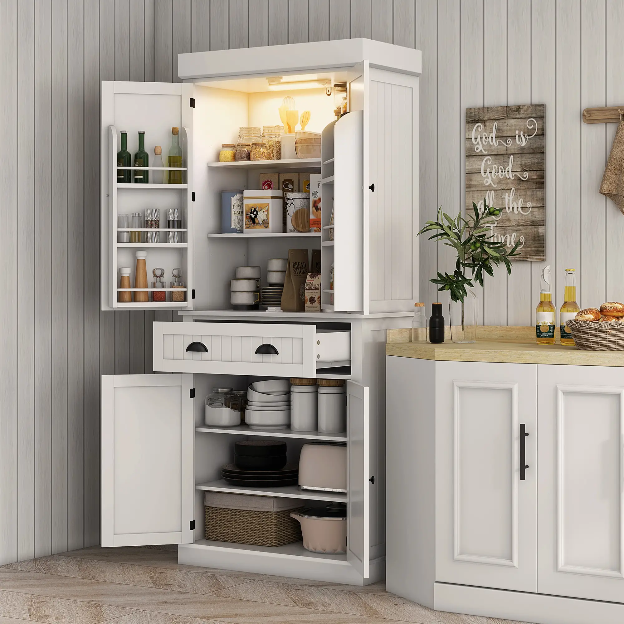 71" Kitchen Pantry Cabinet, LED Lights, 6 Spice Racks, Drawer, 4 Shelves, White - Image 2