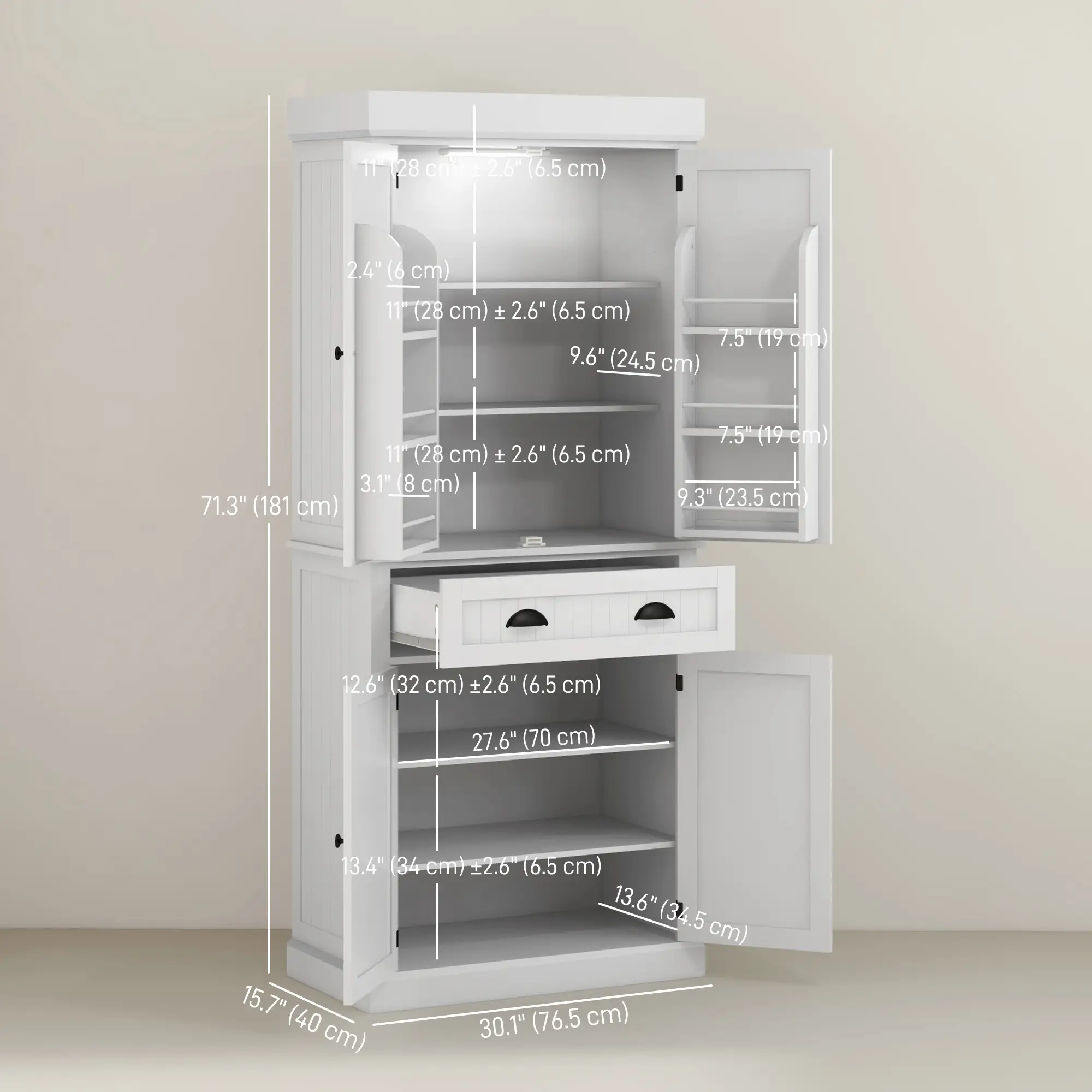 71" Kitchen Pantry Cabinet, LED Lights, 6 Spice Racks, Drawer, 4 Shelves, White - Image 3
