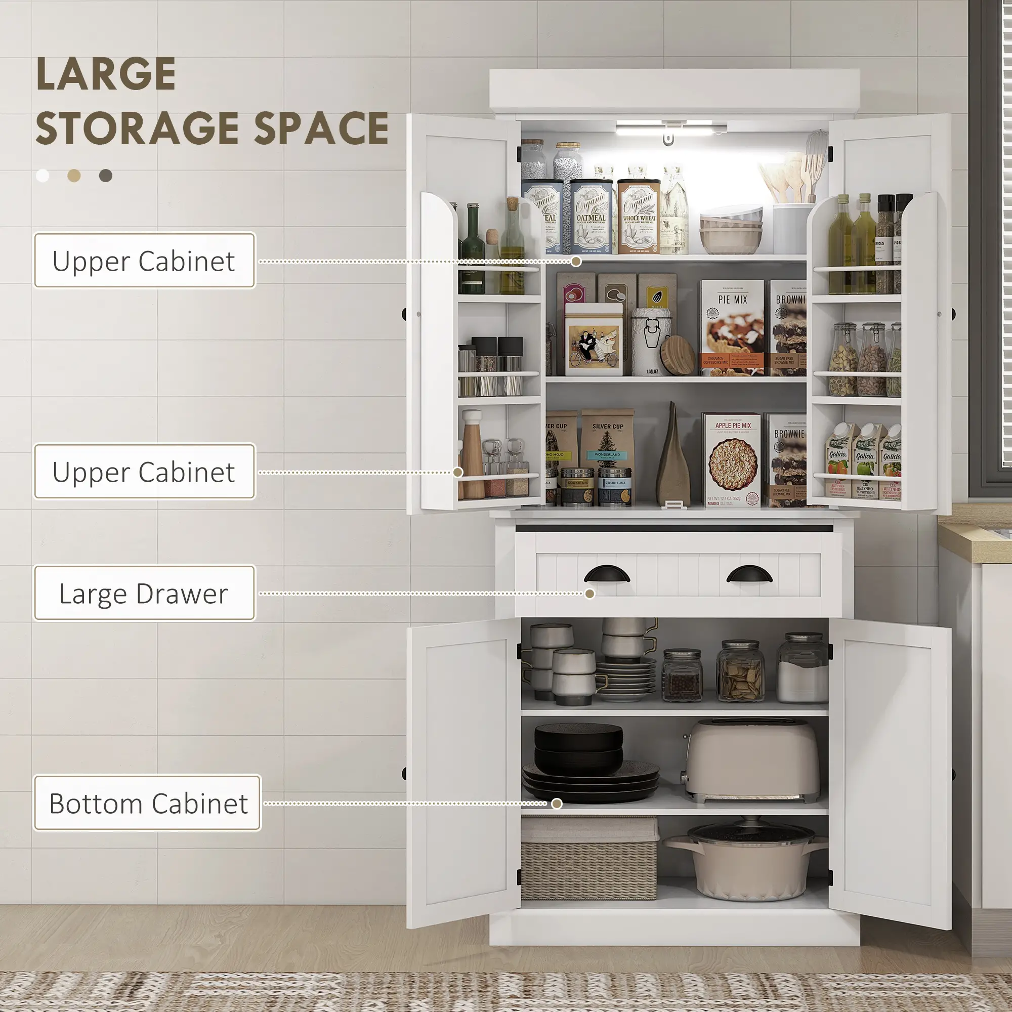 71" Kitchen Pantry Cabinet, LED Lights, 6 Spice Racks, Drawer, 4 Shelves, White - Image 4