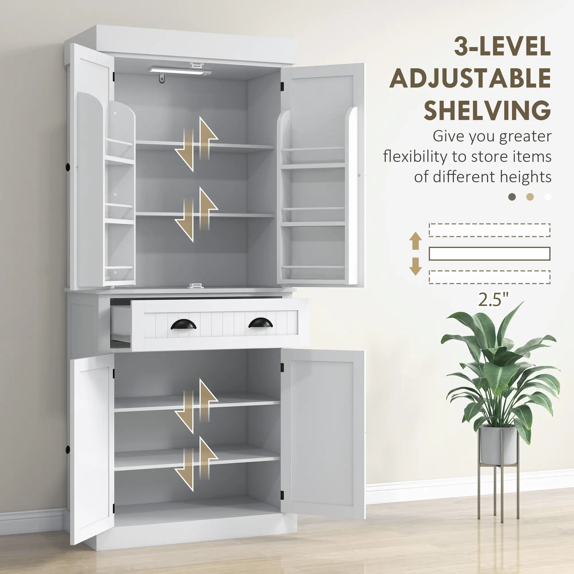 71" Kitchen Pantry Cabinet, LED Lights, 6 Spice Racks, Drawer, 4 Shelves, White - Image 6