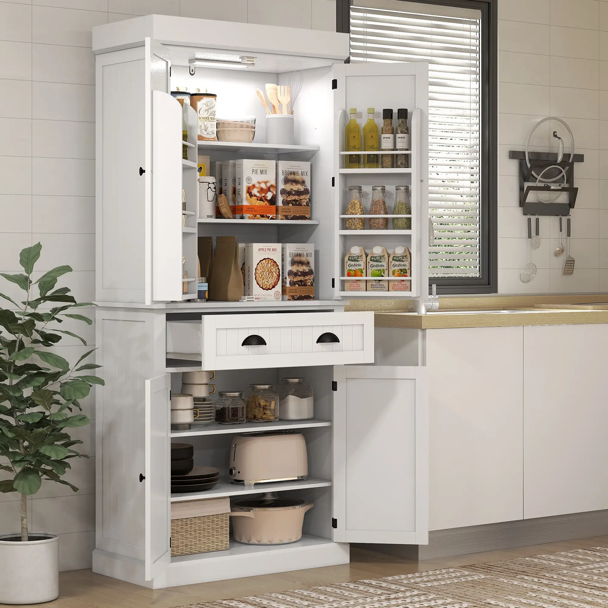 71" Kitchen Pantry Cabinet, LED Lights, 6 Spice Racks, Drawer, 4 Shelves, White - Image 8