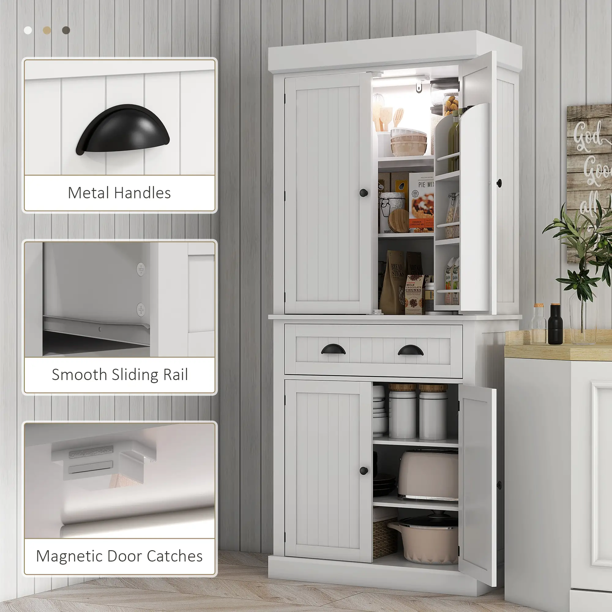 71" Kitchen Pantry Cabinet, LED Lights, 6 Spice Racks, Drawer, 4 Shelves, White - Image 9