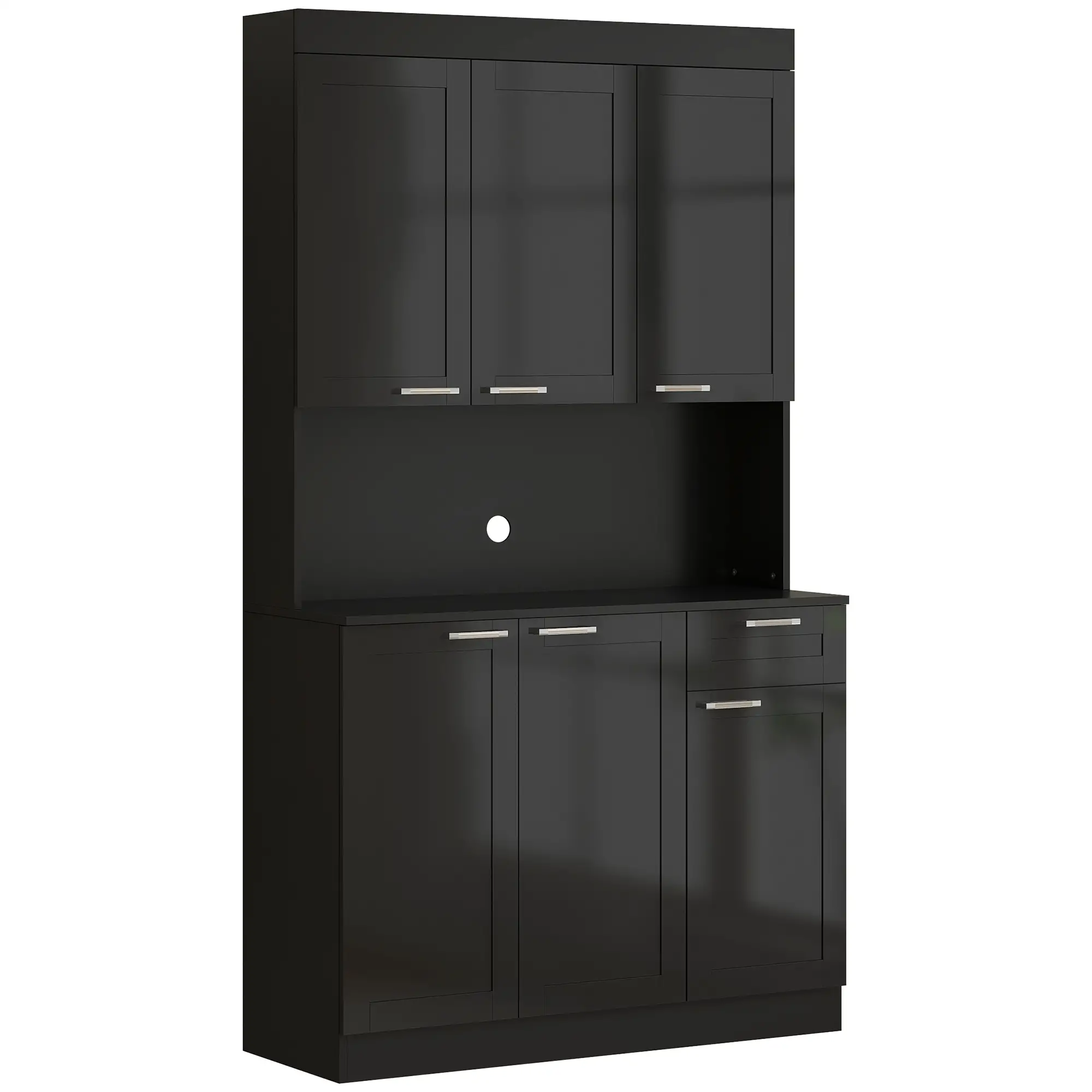 71" Kitchen Pantry Cabinet, Storage Buffet with Hutch, Adjustable Shelves, High Gloss Black, Black