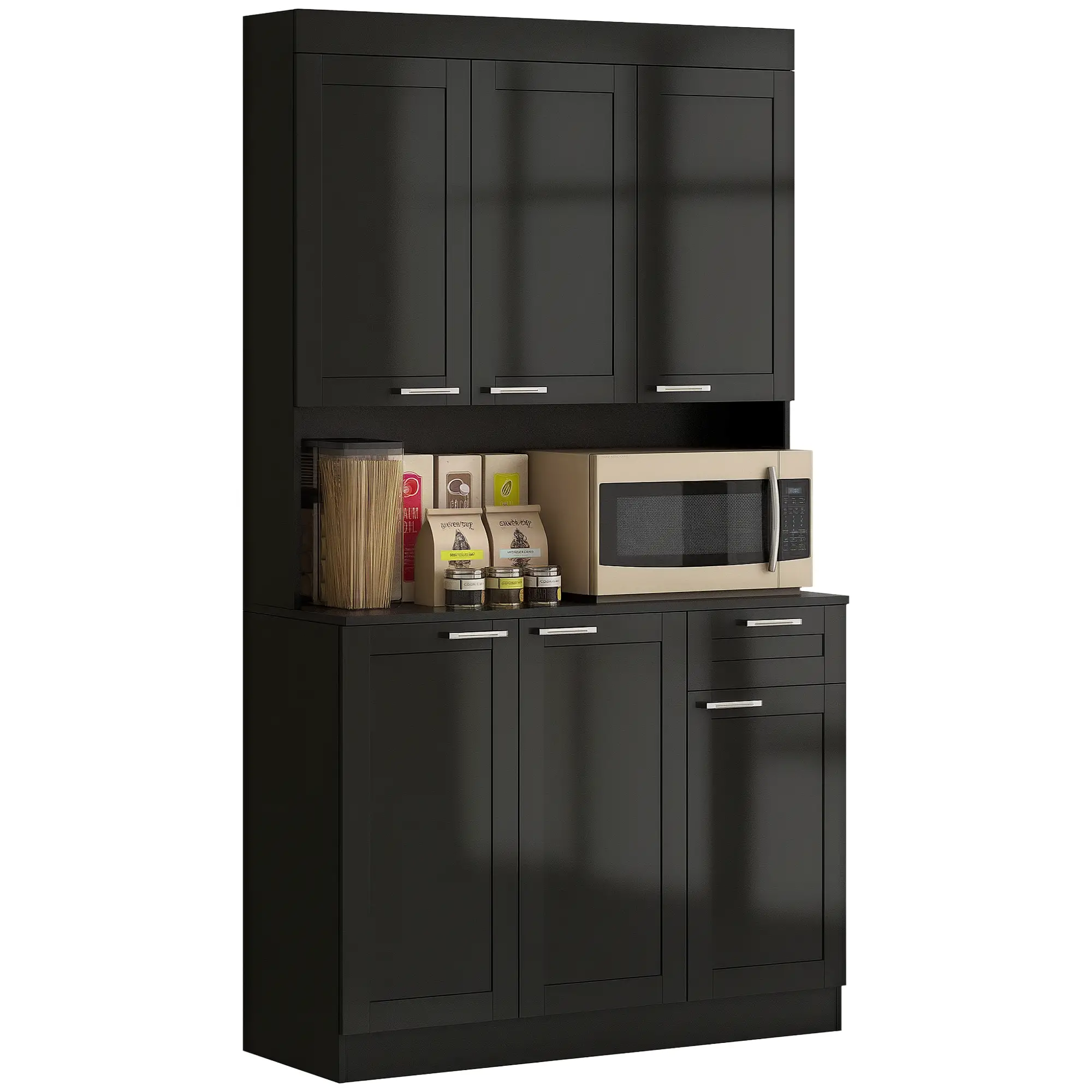 71" Kitchen Pantry Cabinet, Storage Buffet with Hutch, Adjustable Shelves, High Gloss Black, Black - Image 10