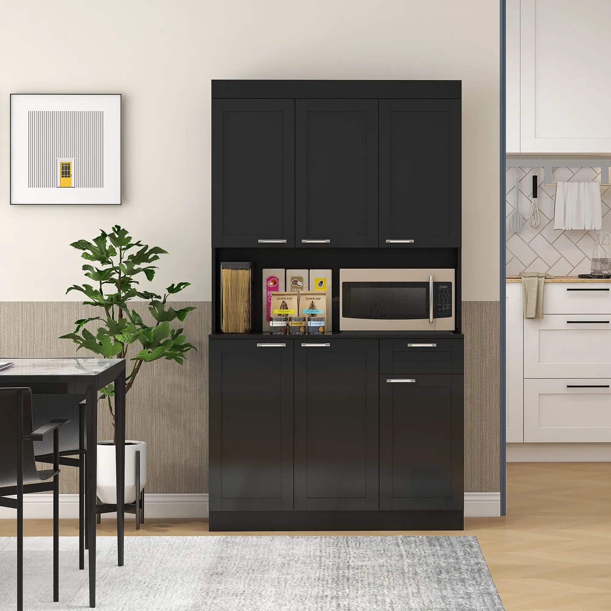 71" Kitchen Pantry Cabinet, Storage Buffet with Hutch, Adjustable Shelves, High Gloss Black, Black - Image 2