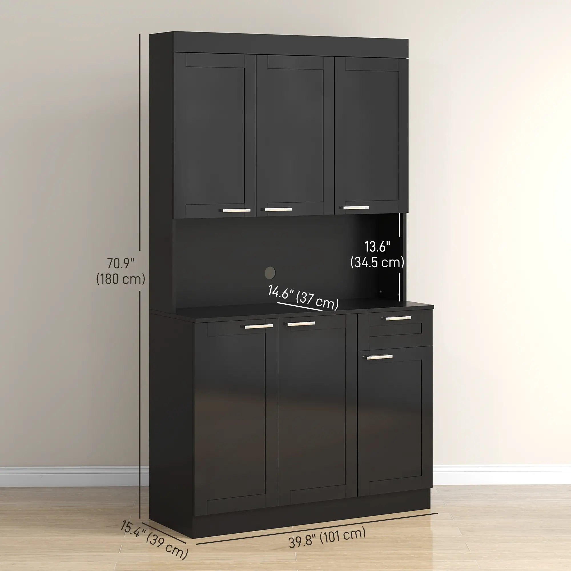 71" Kitchen Pantry Cabinet, Storage Buffet with Hutch, Adjustable Shelves, High Gloss Black, Black - Image 3