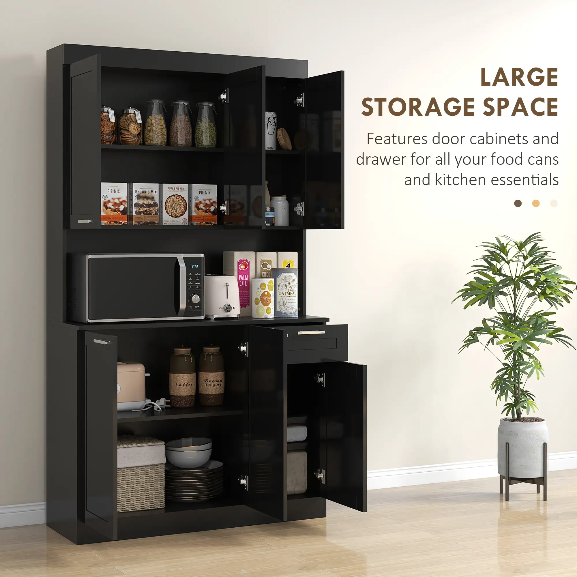 71" Kitchen Pantry Cabinet, Storage Buffet with Hutch, Adjustable Shelves, High Gloss Black, Black - Image 4