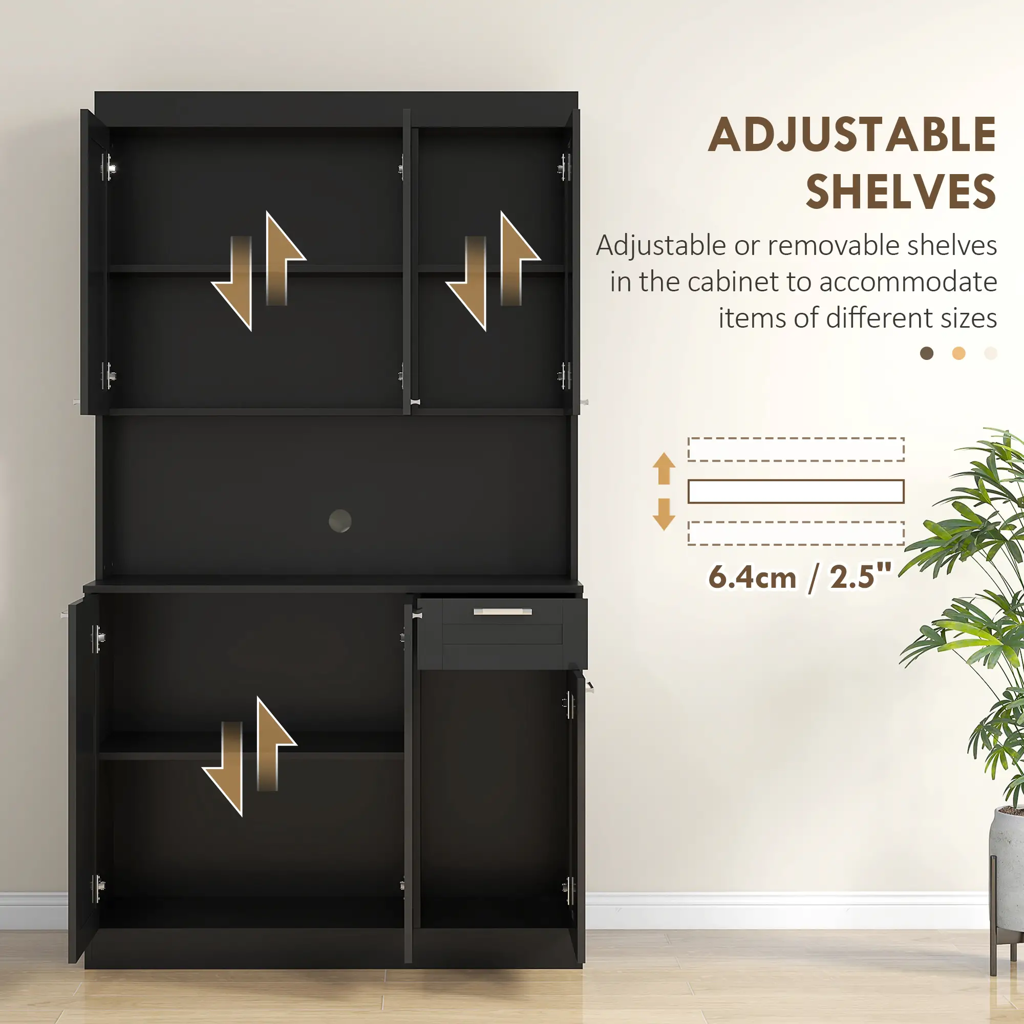 71" Kitchen Pantry Cabinet, Storage Buffet with Hutch, Adjustable Shelves, High Gloss Black, Black - Image 6