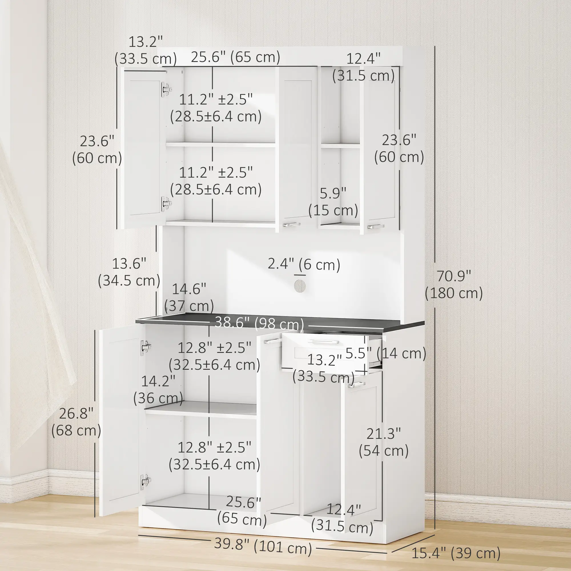 71" Kitchen Pantry Cabinet, Storage Buffet with Hutch, Adjustable Shelves, High Gloss White, White - Image 3