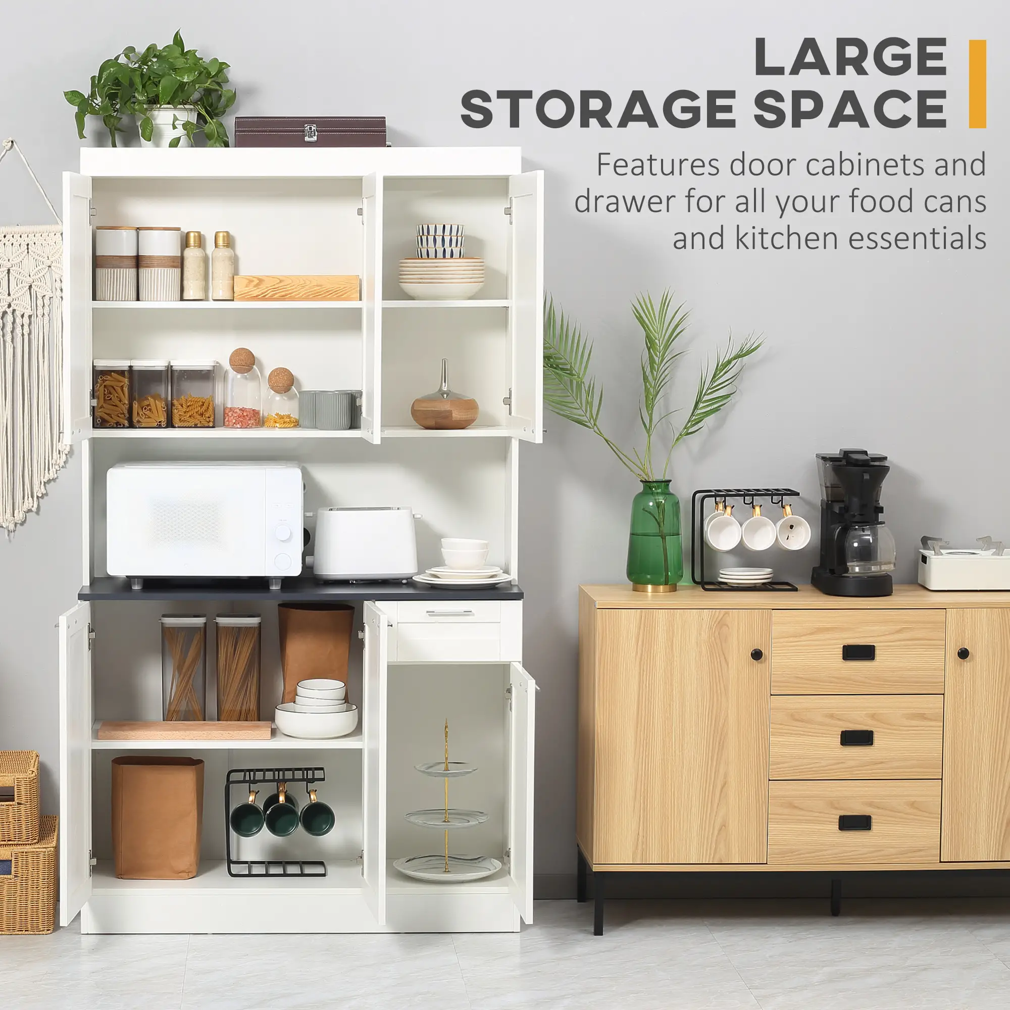 71" Kitchen Pantry Cabinet, Storage Buffet with Hutch, Adjustable Shelves, High Gloss White, White - Image 4